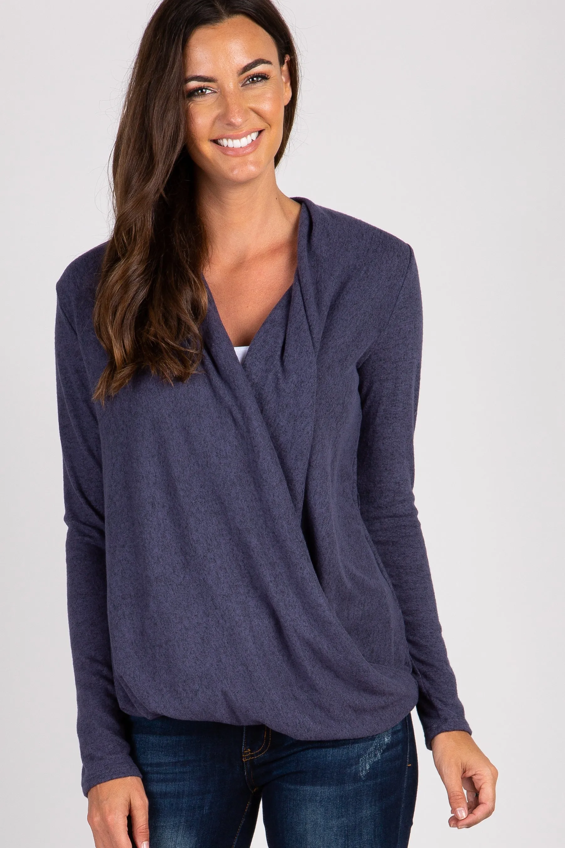 Navy Knit Draped Wrap V-Neck Nursing Top sold by Pinkblush