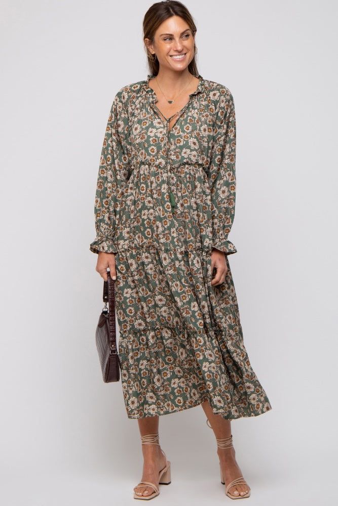 Olive Floral Ruffle Neck Tiered Maternity Midi Dress sold by Pinkblush product image thumbnail 4