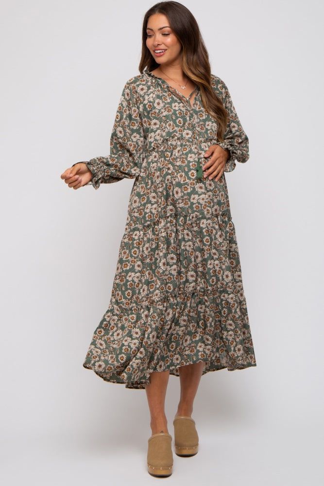 Olive Floral Ruffle Neck Tiered Maternity Midi Dress sold by Pinkblush