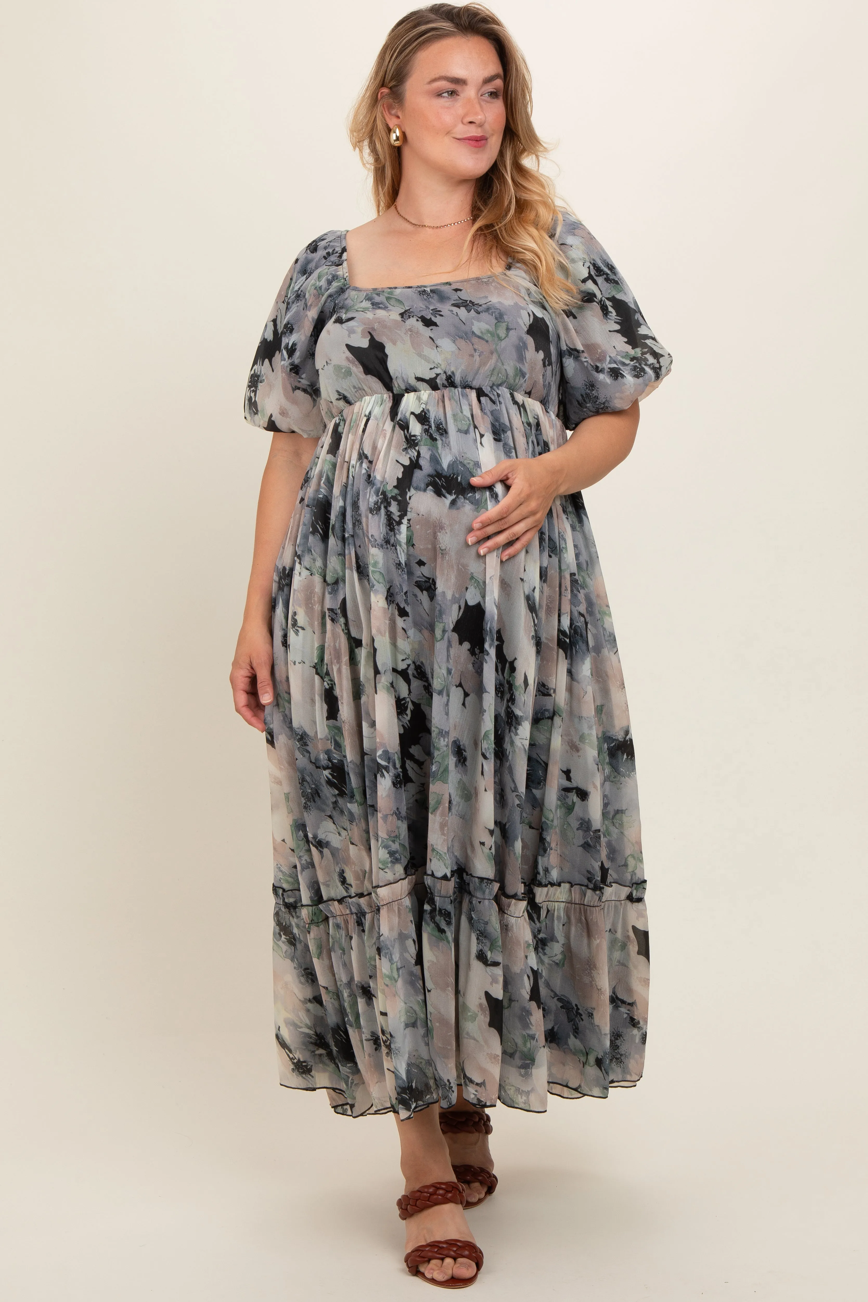 Black Floral Puff Sleeve Maternity Plus Maxi Dress sold by Pinkblush product image thumbnail 2