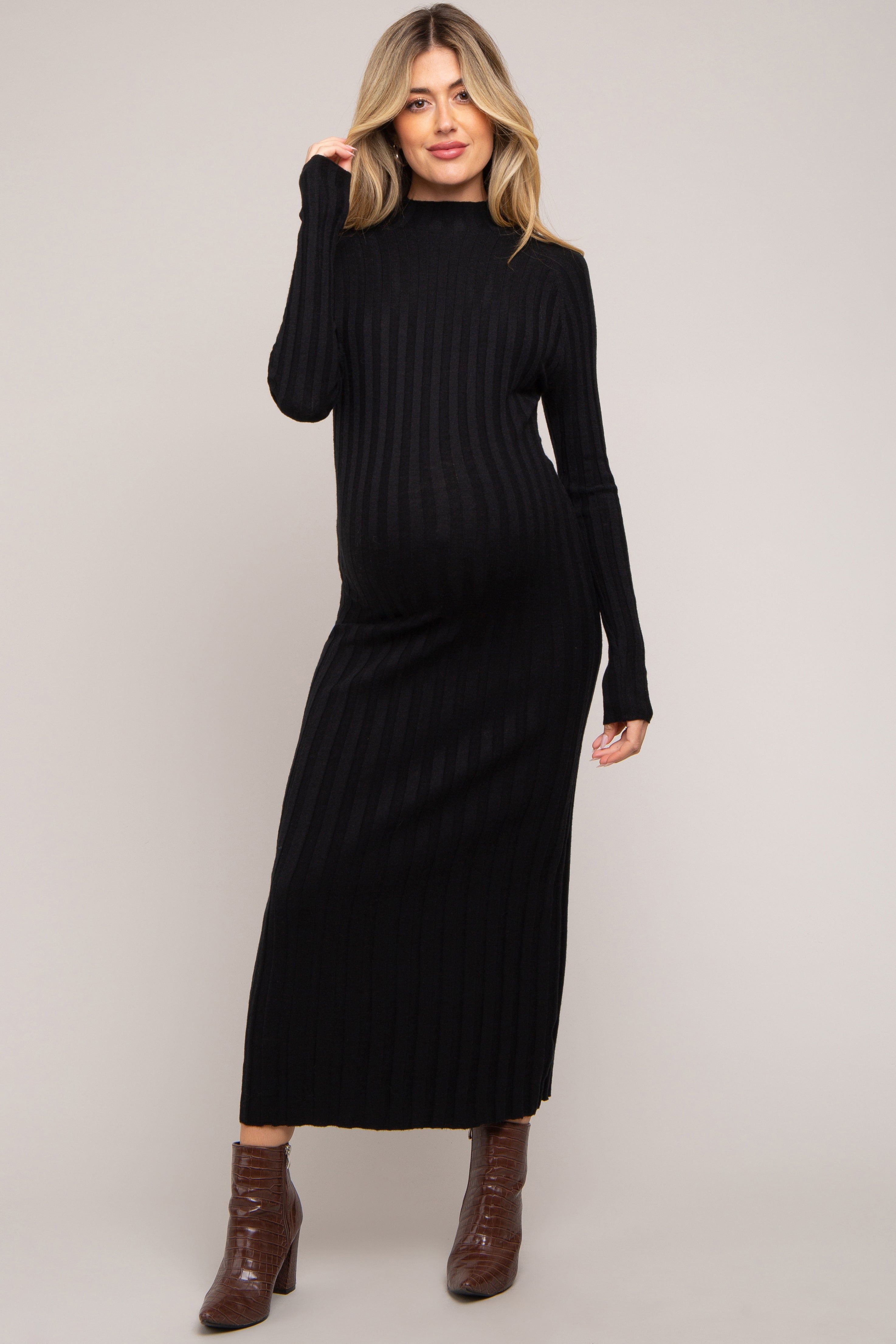 Black Ribbed Turtle Neck Maternity Midi Dress sold by Pinkblush