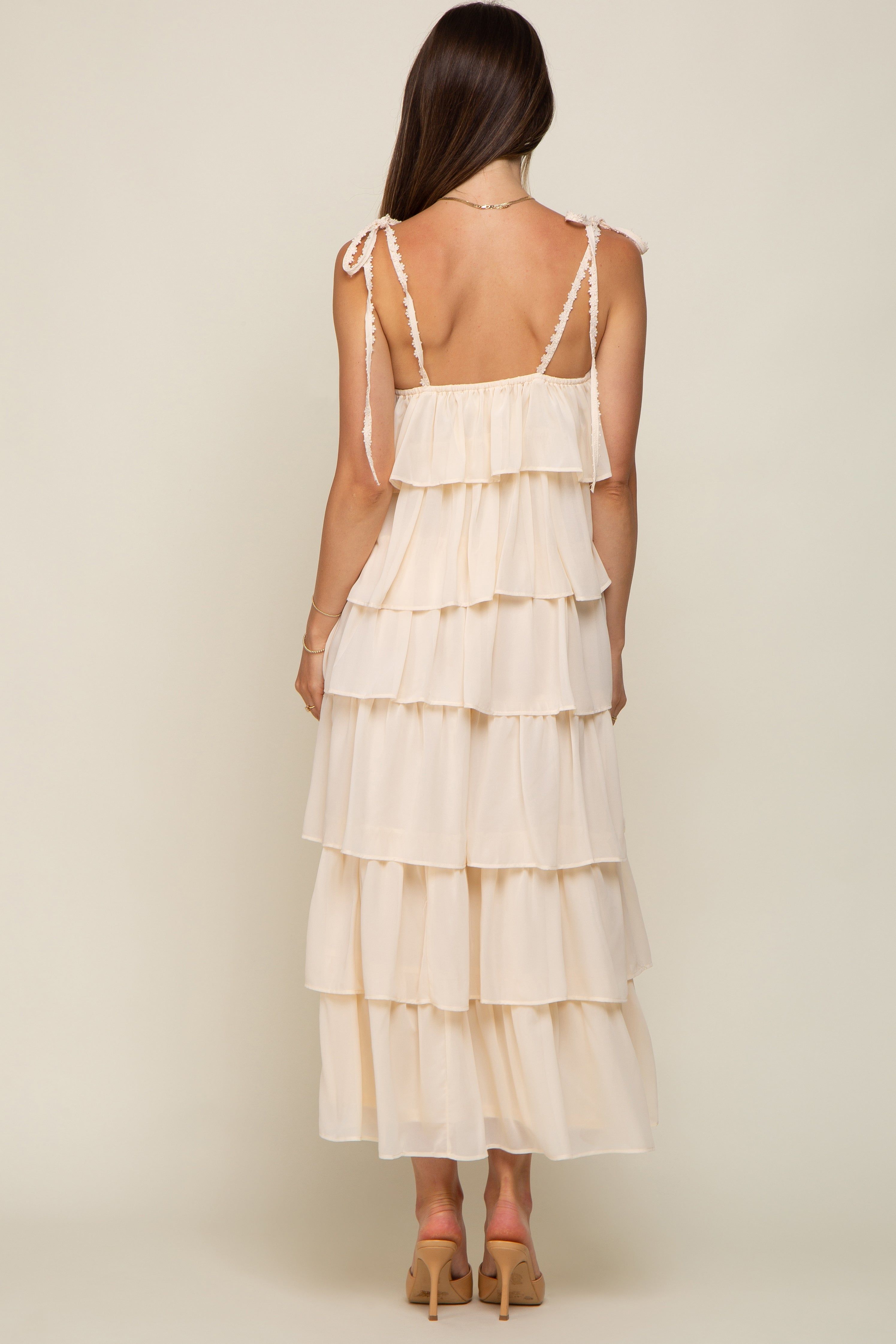 Cream Lace Shoulder Tie Ruffle Tiered Maternity Midi Dress sold by Pinkblush product image thumbnail 4