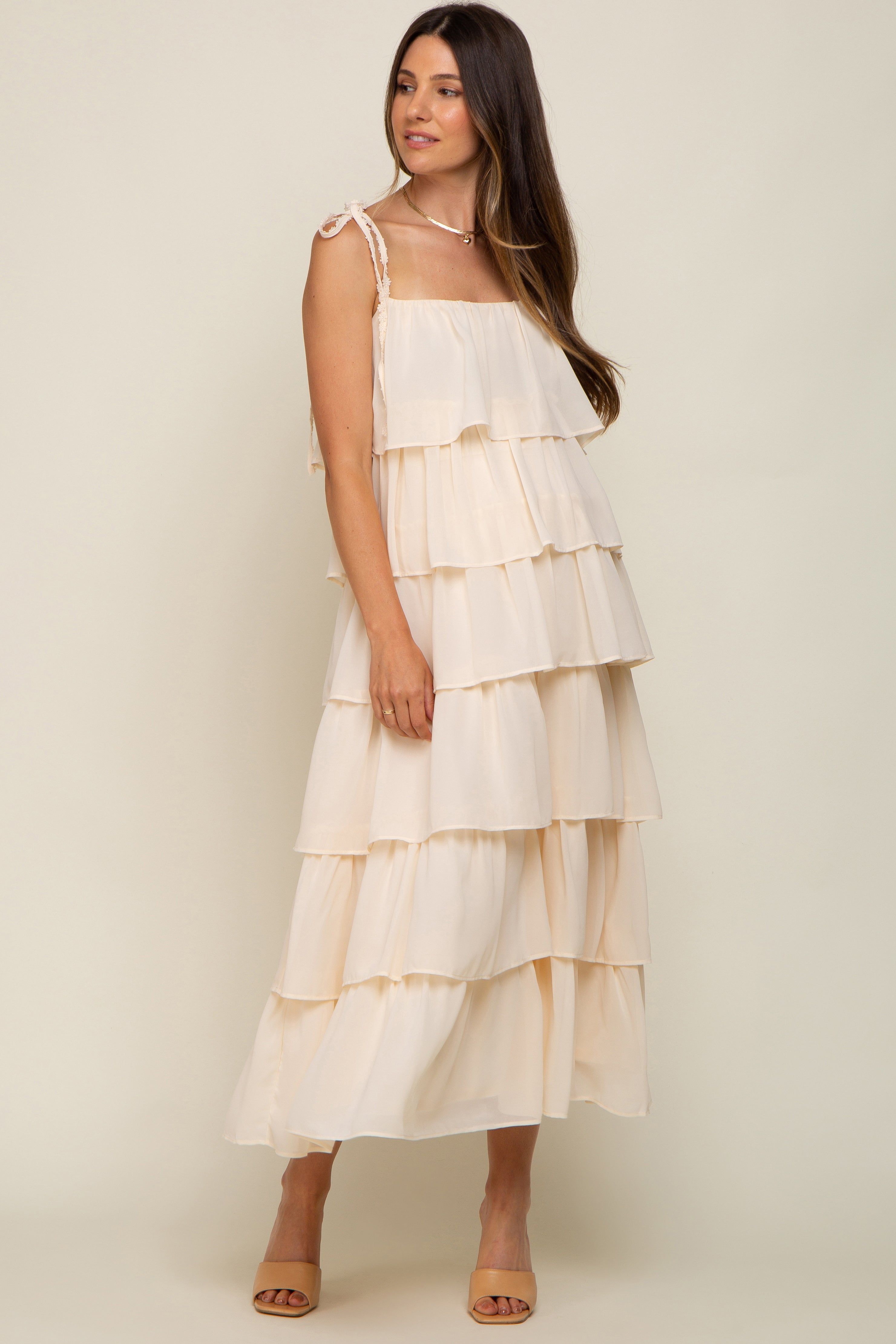 Cream Lace Shoulder Tie Ruffle Tiered Maternity Midi Dress sold by Pinkblush