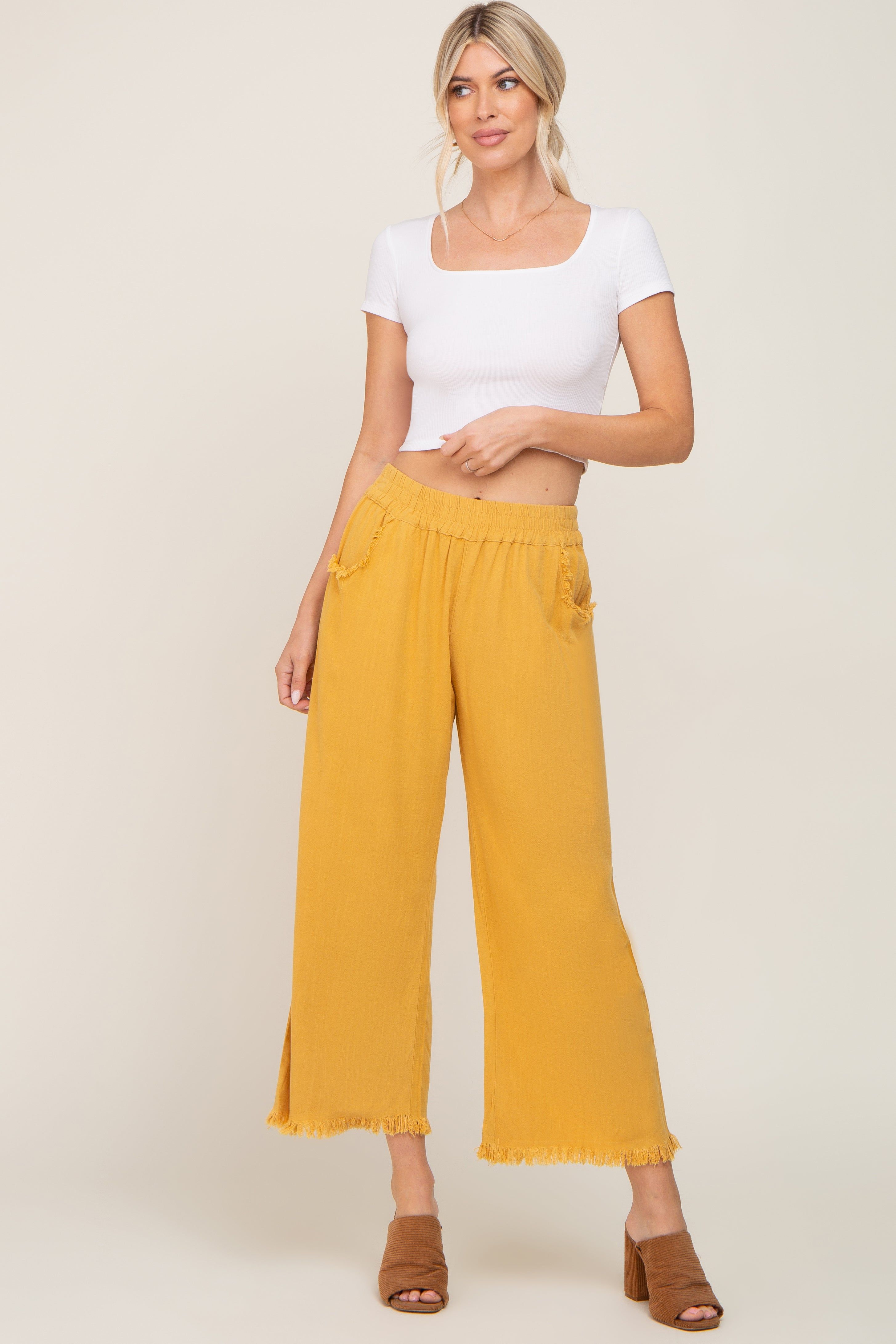 Gold Linen Frayed Hem Crop Pants sold by Pinkblush product image thumbnail 5