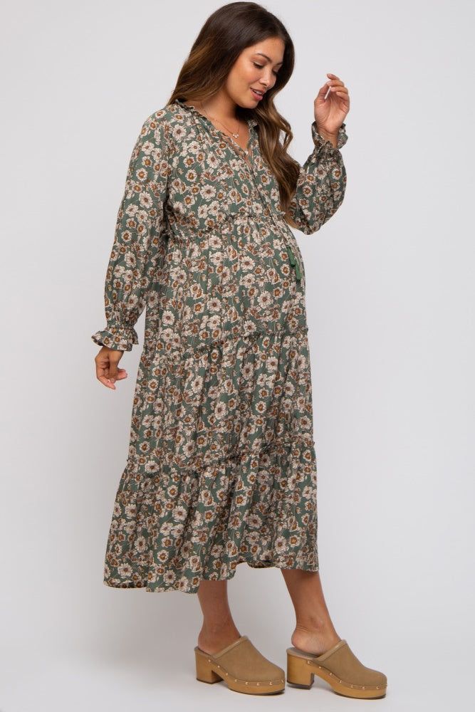 Olive Floral Ruffle Neck Tiered Maternity Midi Dress sold by Pinkblush product image thumbnail 2