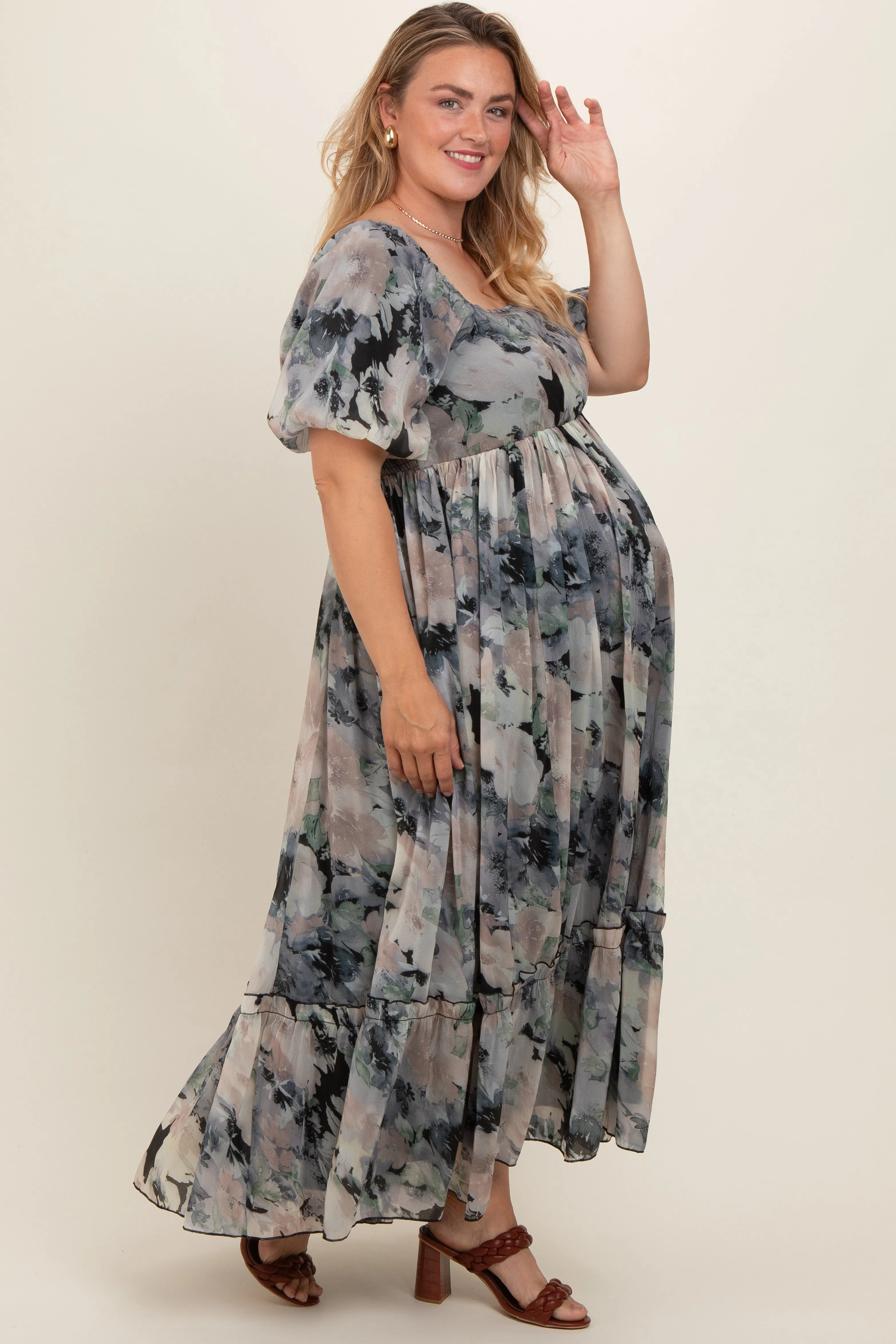 Black Floral Puff Sleeve Maternity Plus Maxi Dress sold by Pinkblush product image thumbnail 3
