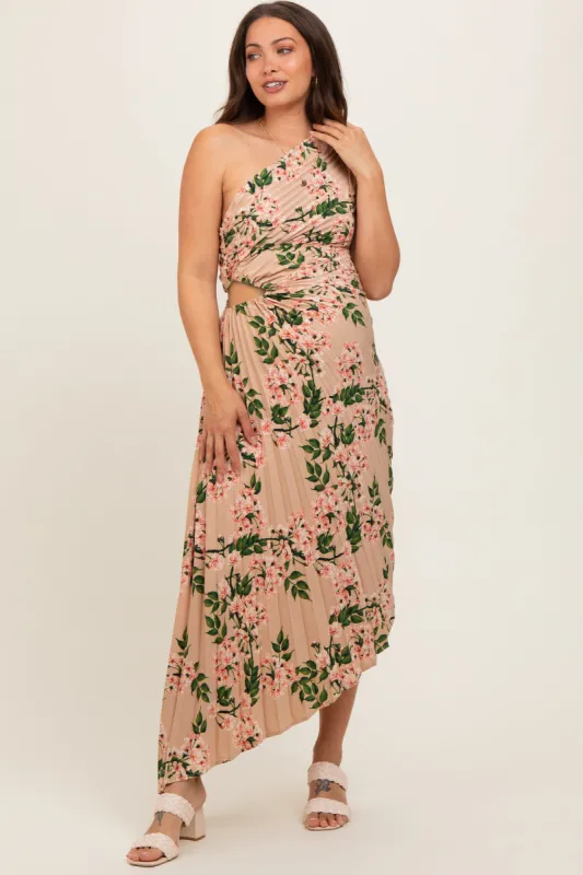 Taupe Floral One Shoulder Pleated Asymmetrical Maternity Maxi Dress sold by Pinkblush