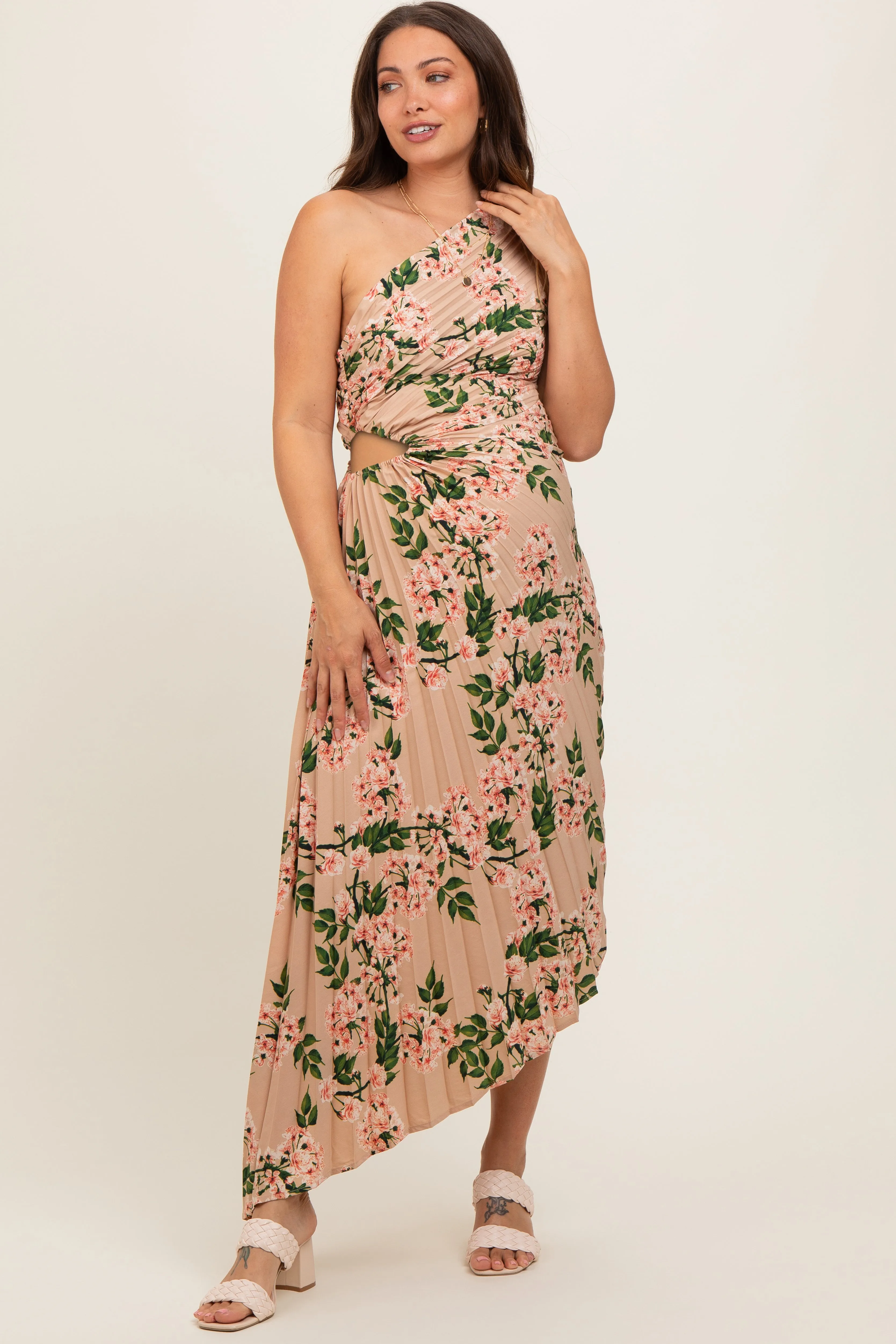 Taupe Floral One Shoulder Pleated Asymmetrical Maternity Maxi Dress sold by Pinkblush