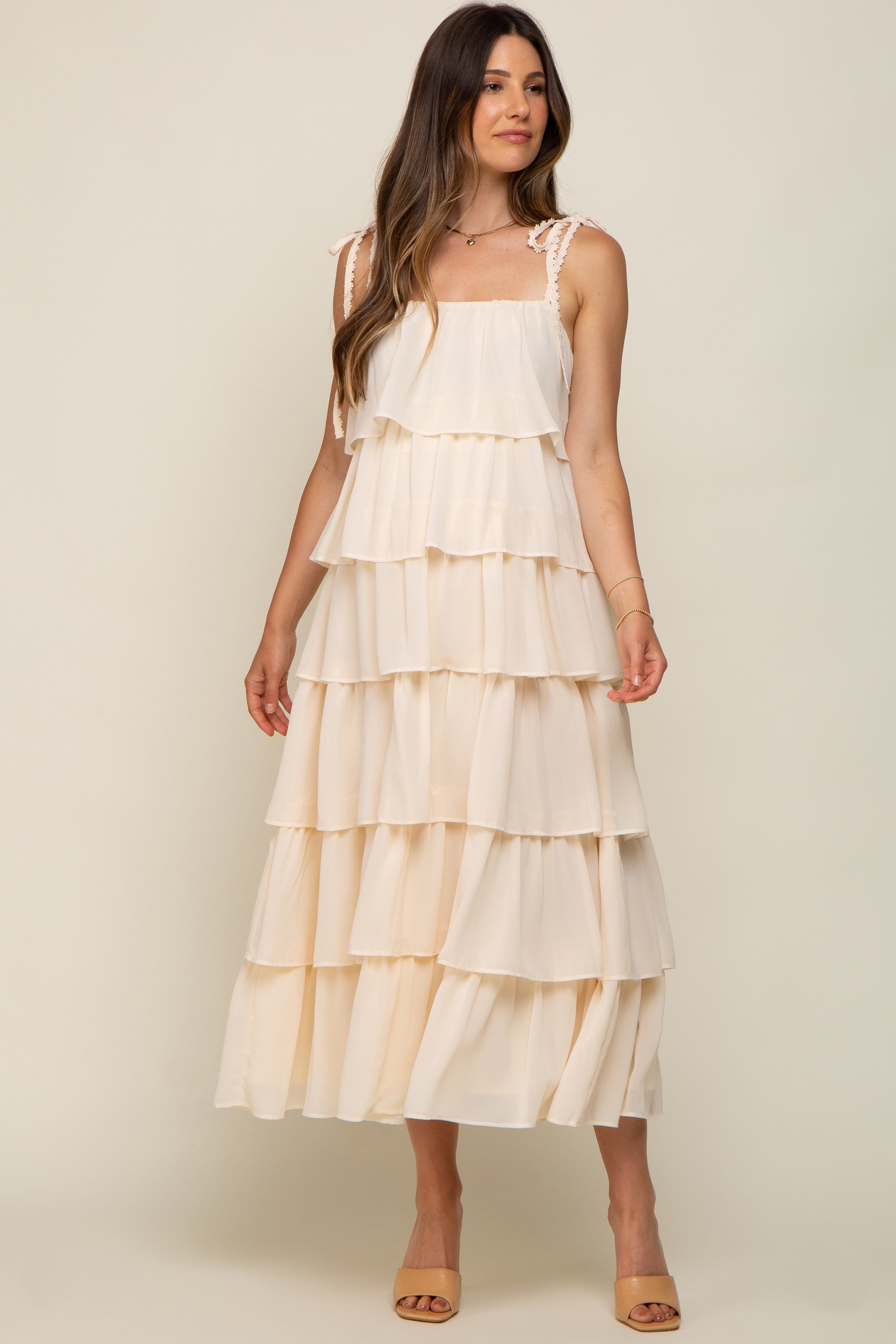 Cream Lace Shoulder Tie Ruffle Tiered Maternity Midi Dress sold by Pinkblush product image thumbnail 2