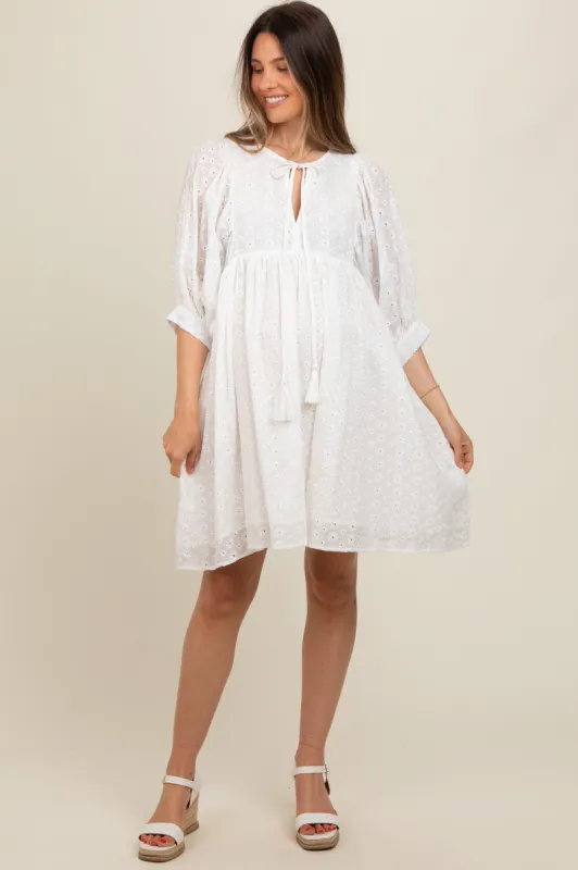 White Floral Eyelet Puff Sleeve Maternity Dress sold by Pinkblush