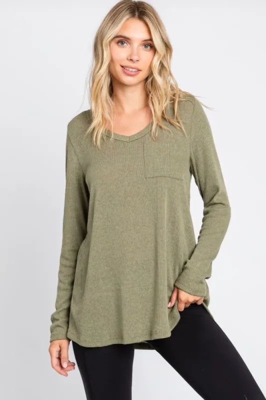 Olive Ribbed Knit Long Sleeve Top sold by Pinkblush