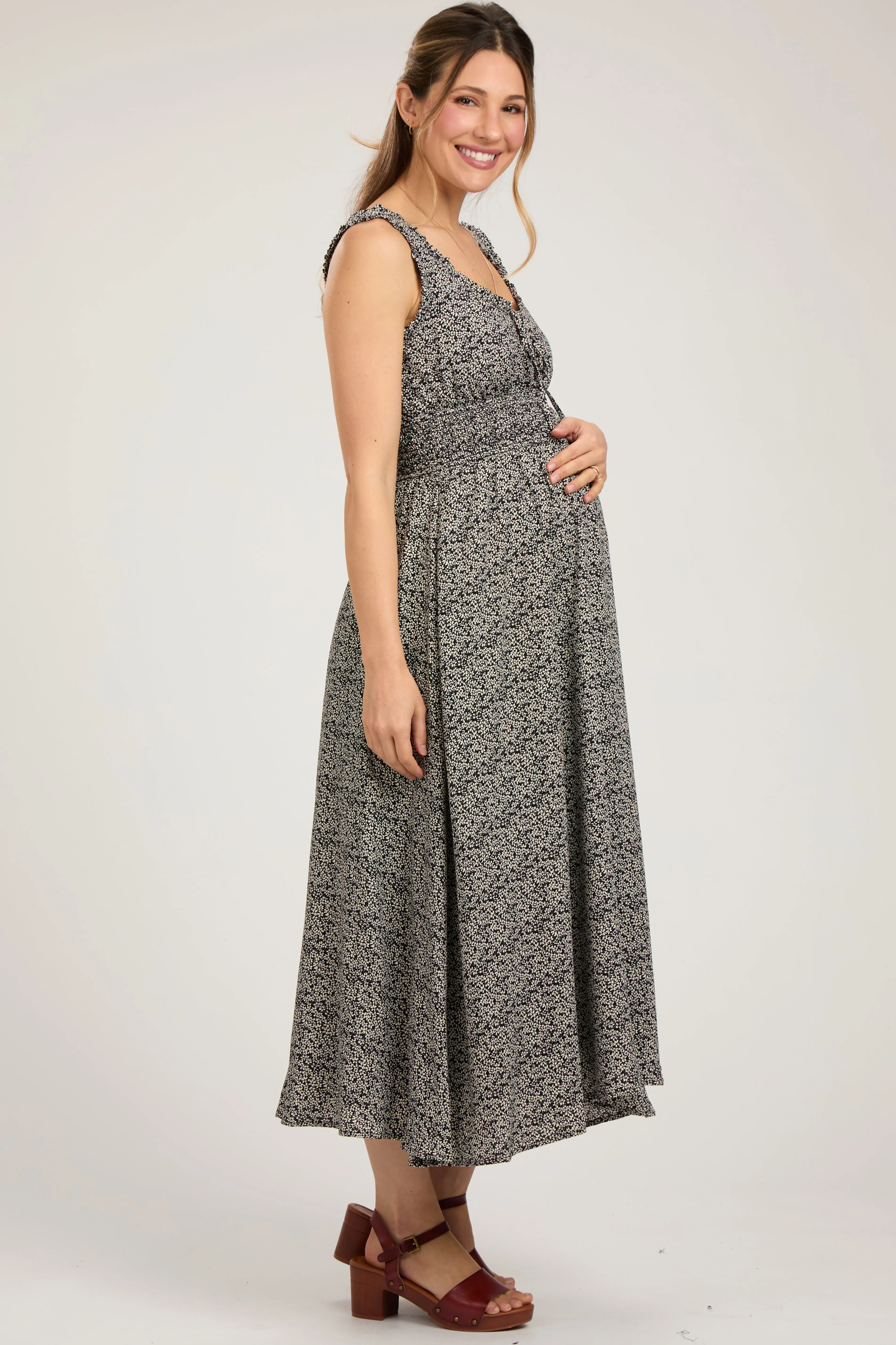 Black Floral Sleeveless Smocked Waist Maternity Midi Dress sold by Pinkblush product image thumbnail 3