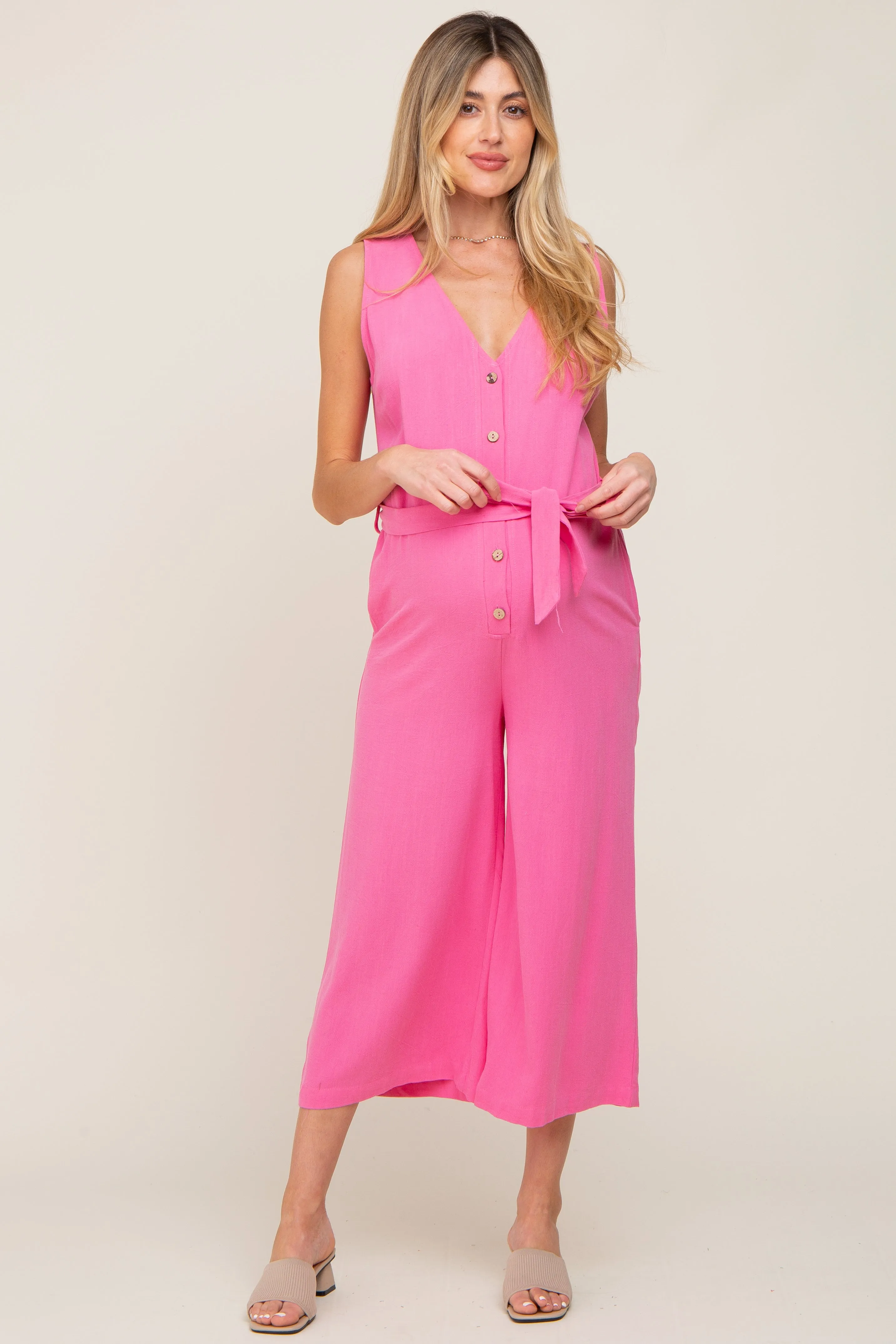Pink Sleeveless Button Front Maternity Cropped Jumpsuit sold by Pinkblush
