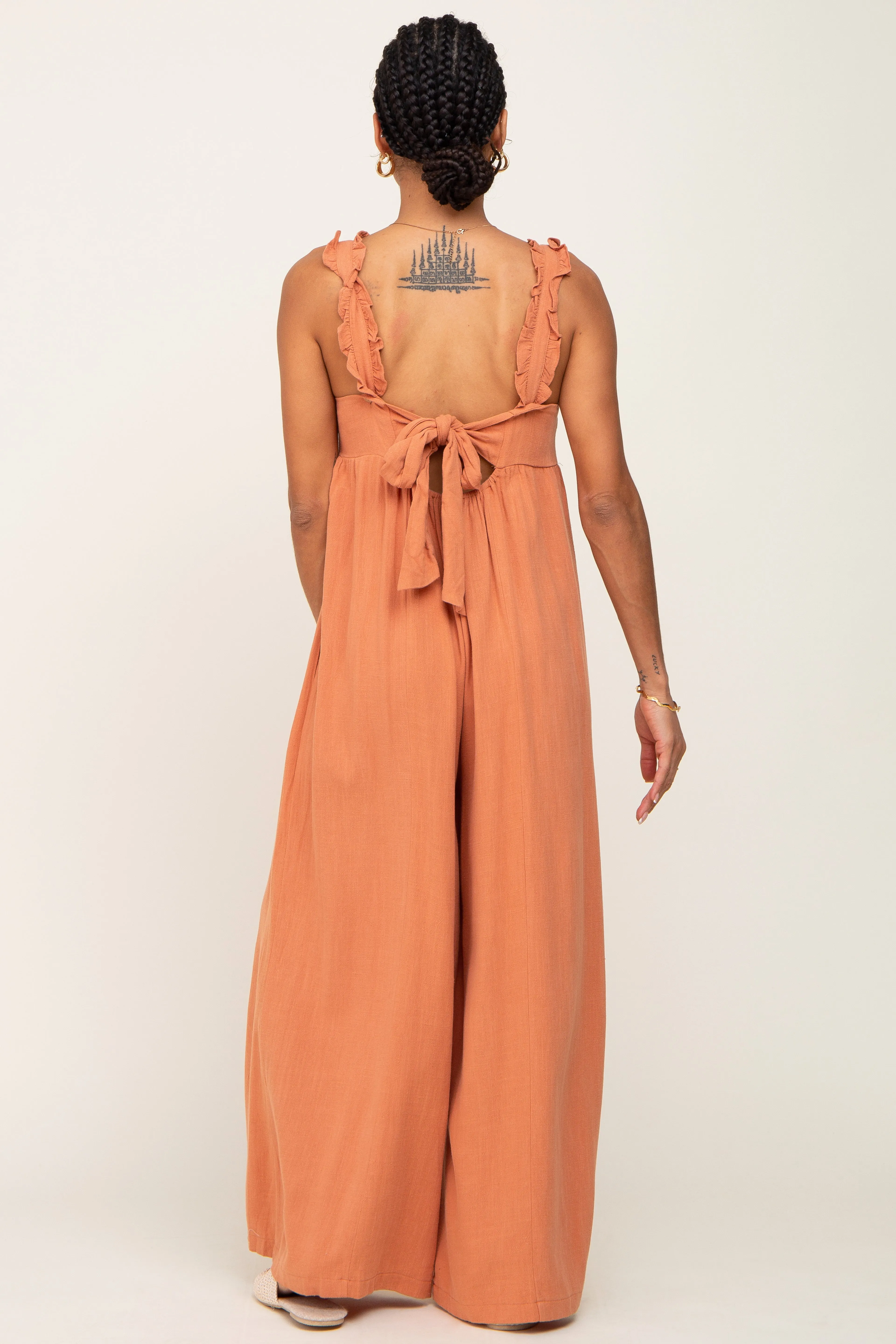 Rust Ruffle Trim Back Tie Jumpsuit sold by Pinkblush product image thumbnail 3