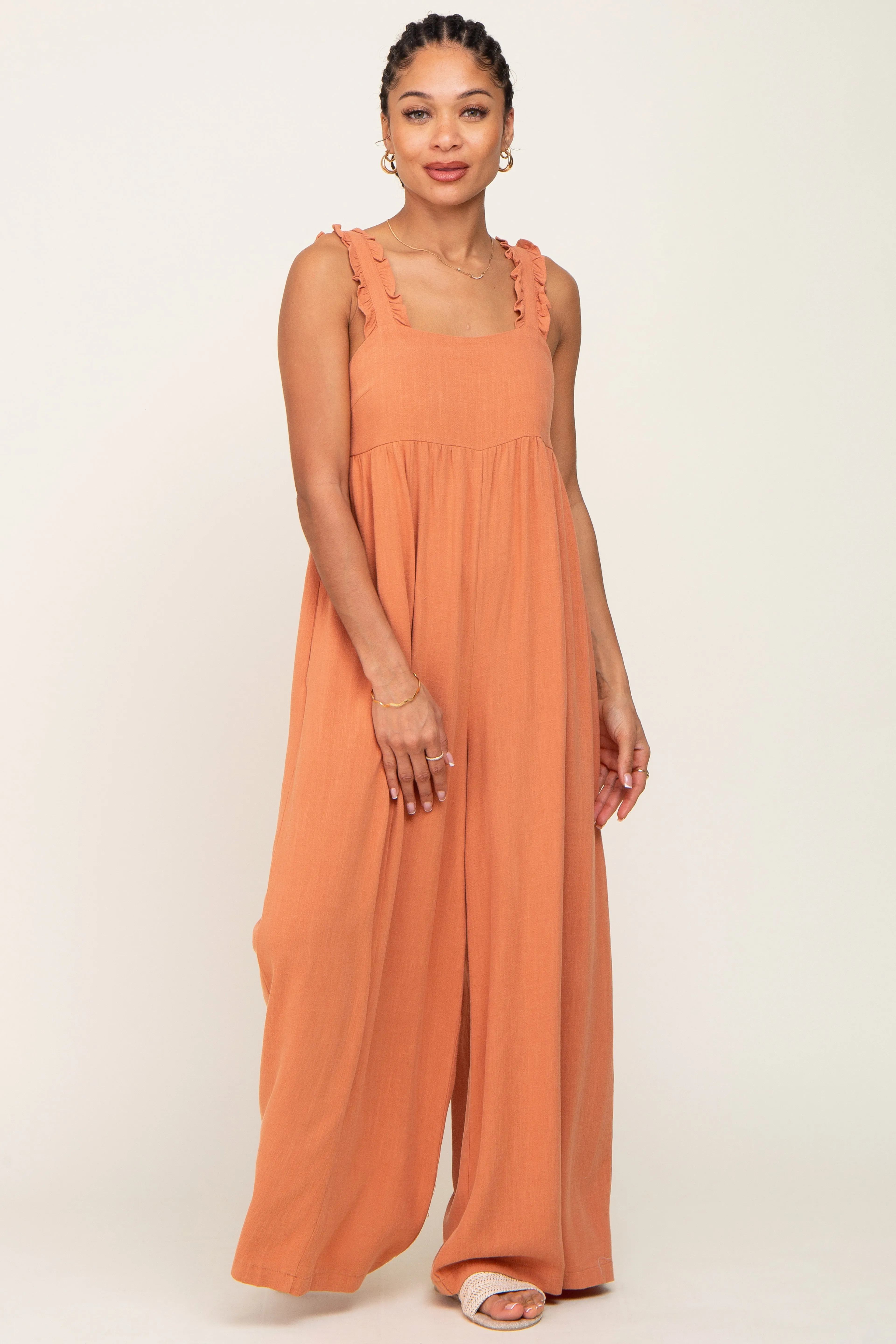 Rust Ruffle Trim Back Tie Jumpsuit sold by Pinkblush