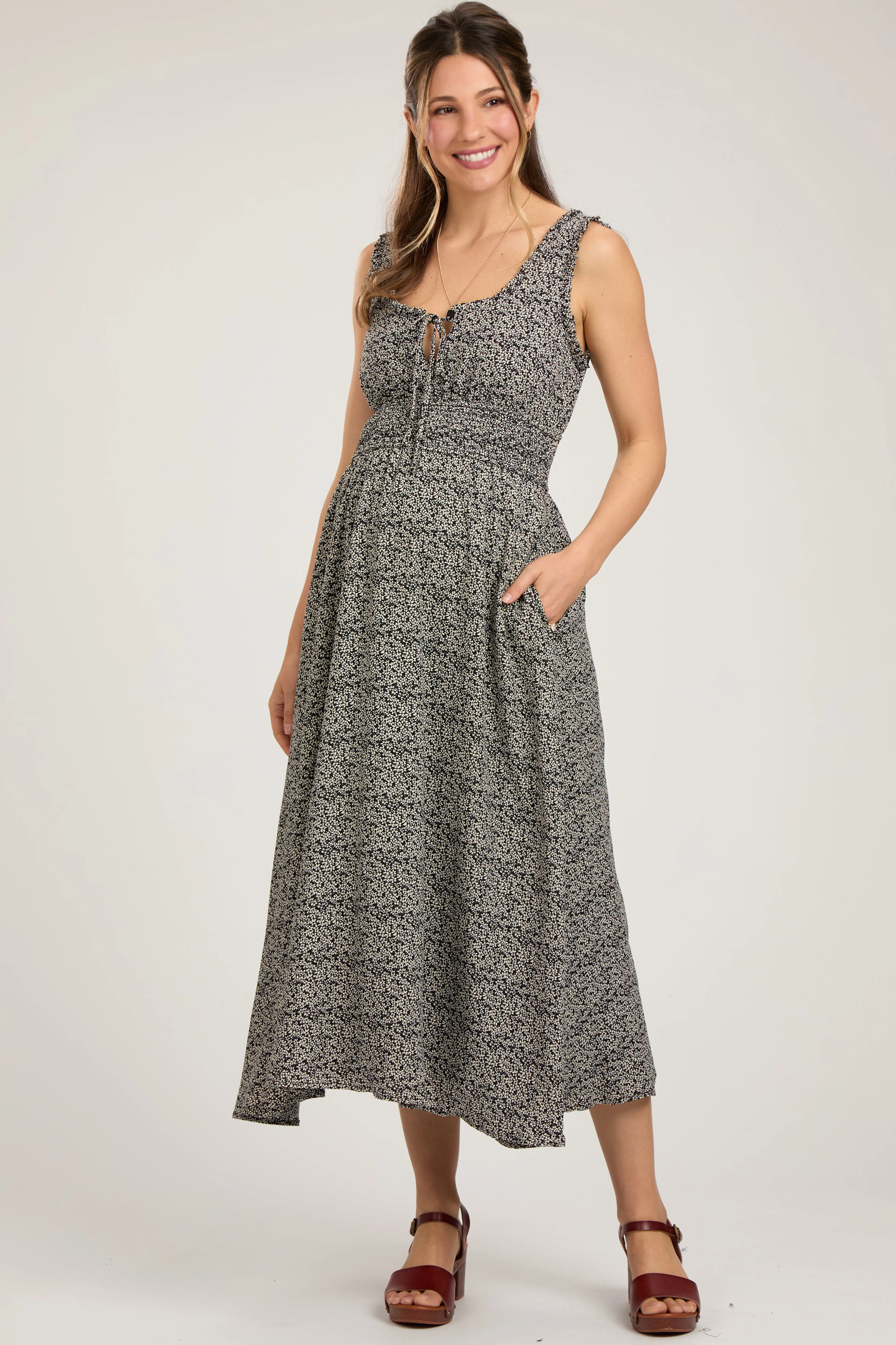 Black Floral Sleeveless Smocked Waist Maternity Midi Dress sold by Pinkblush