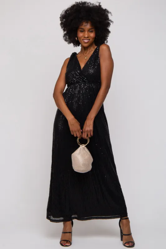Black Sequin Sleeveless Wrap V-Neck Gown sold by Pinkblush