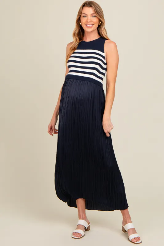 Navy Striped Contrast Knit Maternity Pleated Maxi Dress sold by Pinkblush