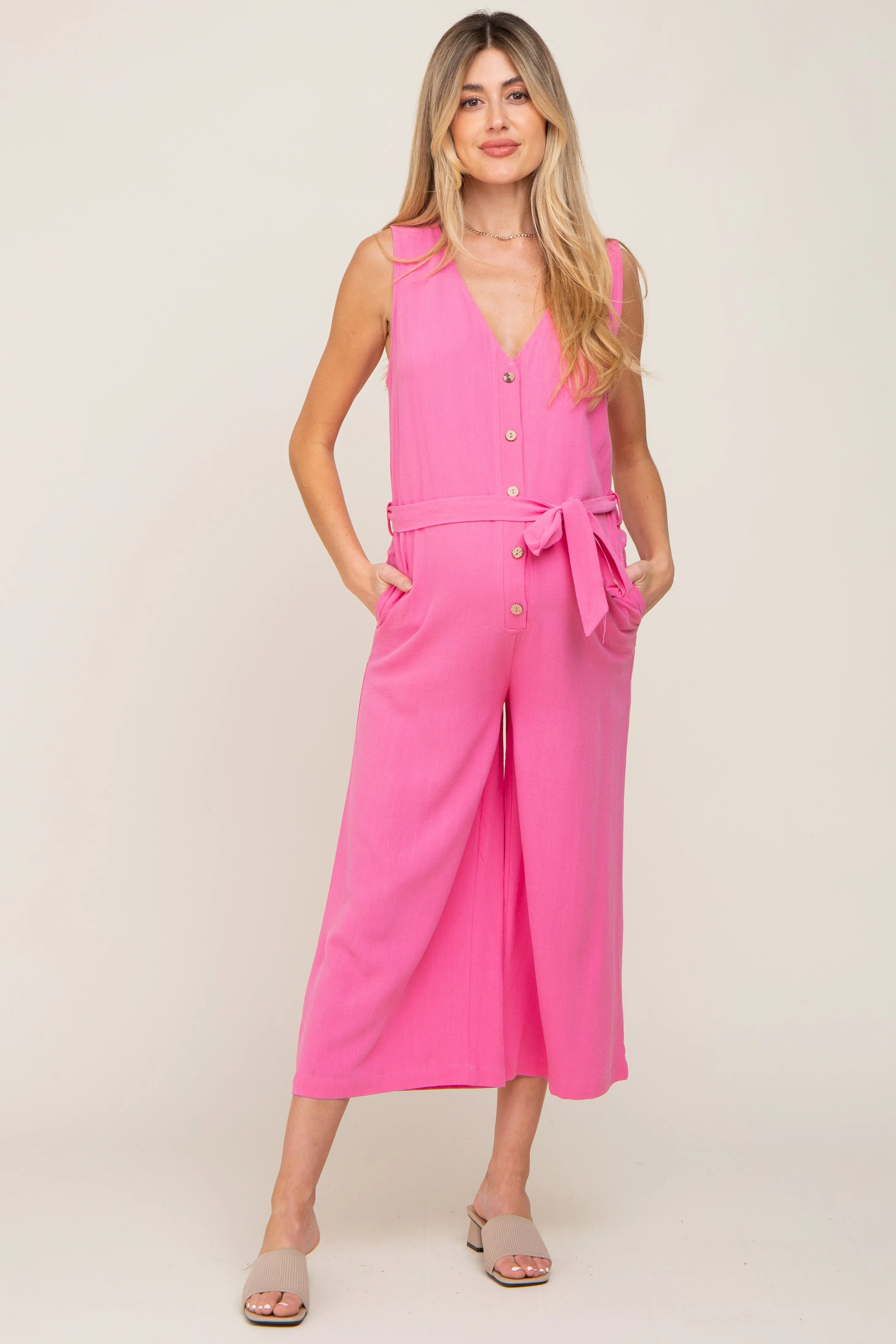 Pink Sleeveless Button Front Maternity Cropped Jumpsuit sold by Pinkblush product image thumbnail 2