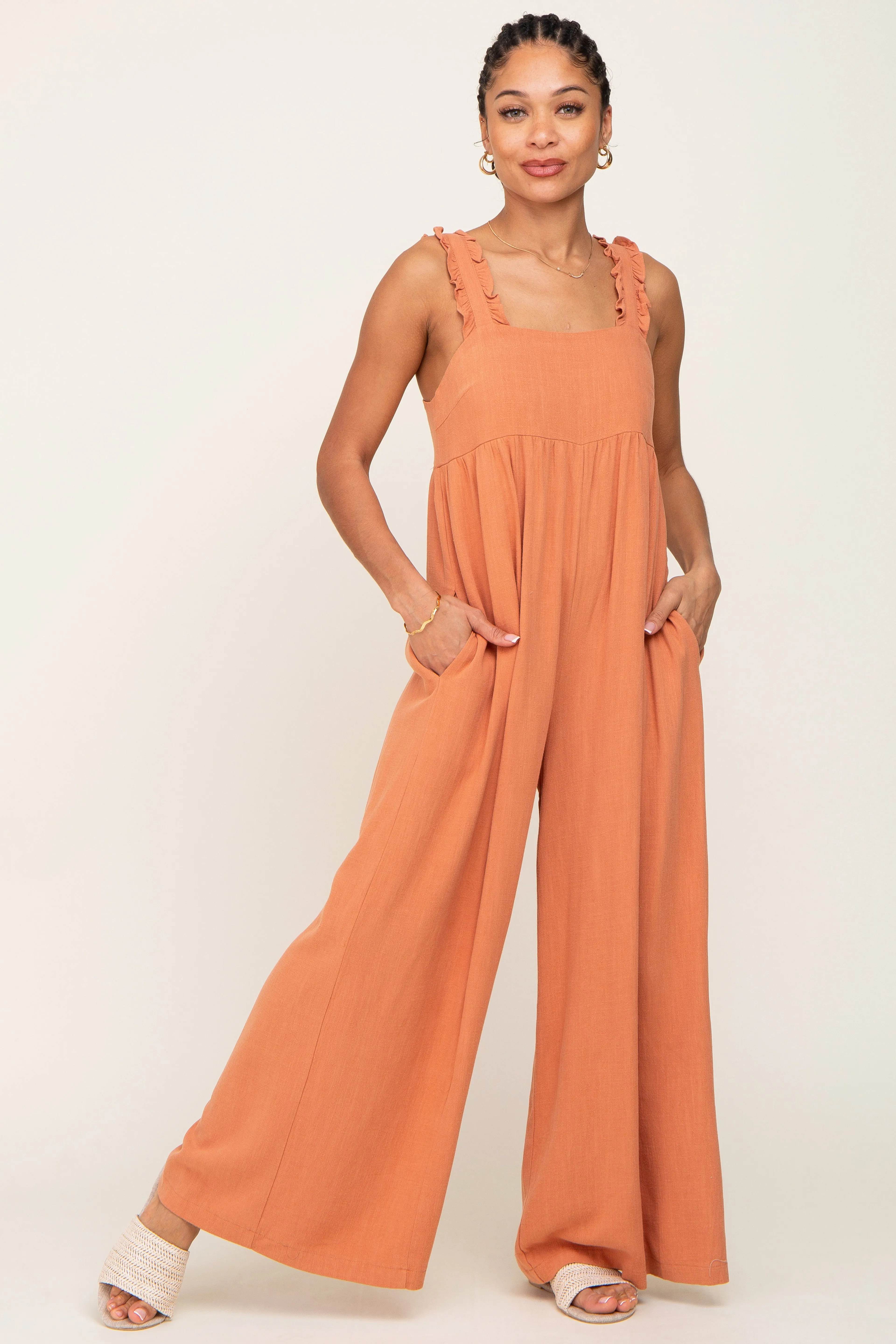 Rust Ruffle Trim Back Tie Jumpsuit sold by Pinkblush product image thumbnail 4