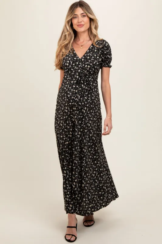Black Floral Puff Sleeve V Neck Maternity Maxi Dress sold by Pinkblush