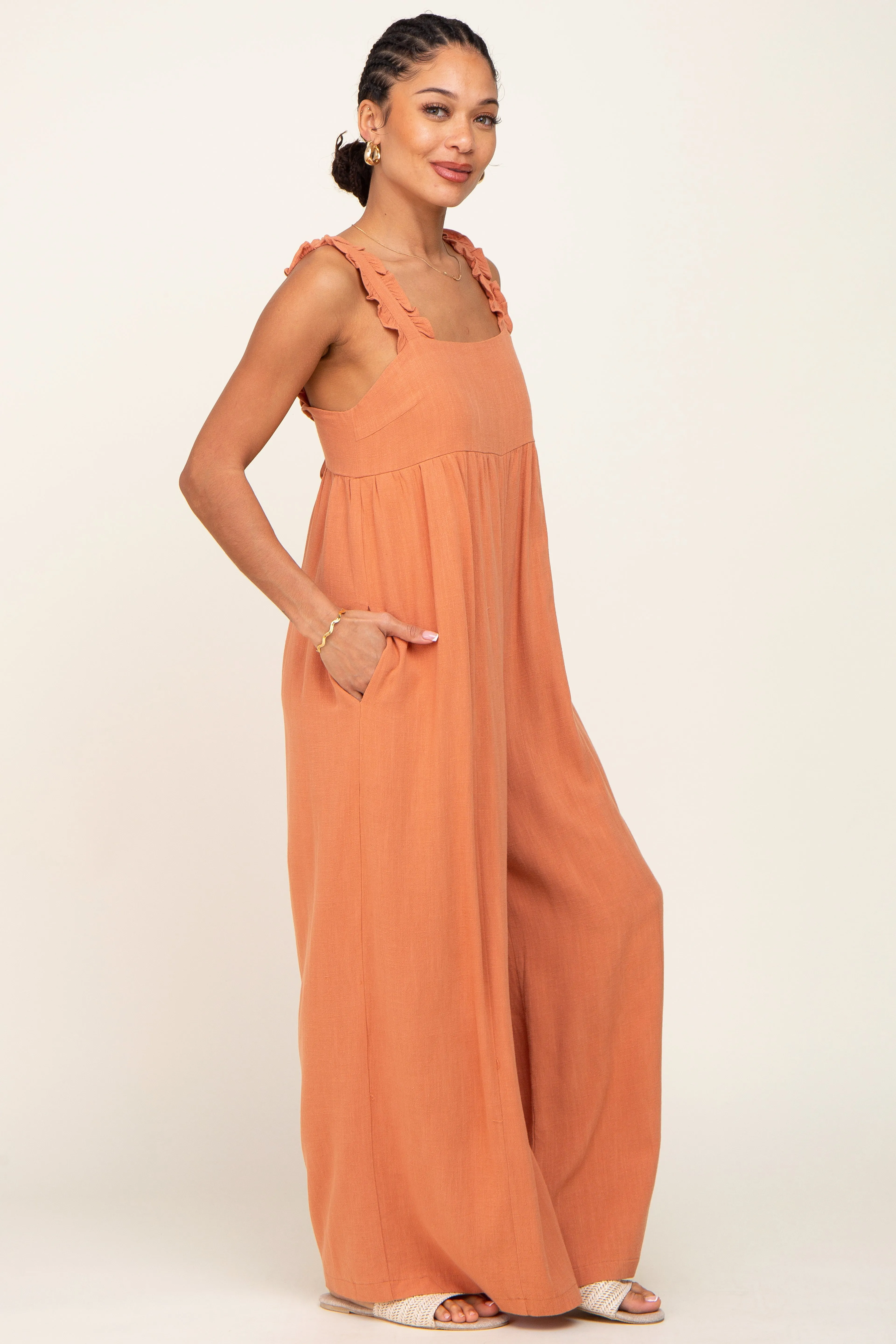 Rust Ruffle Trim Back Tie Jumpsuit sold by Pinkblush product image thumbnail 2