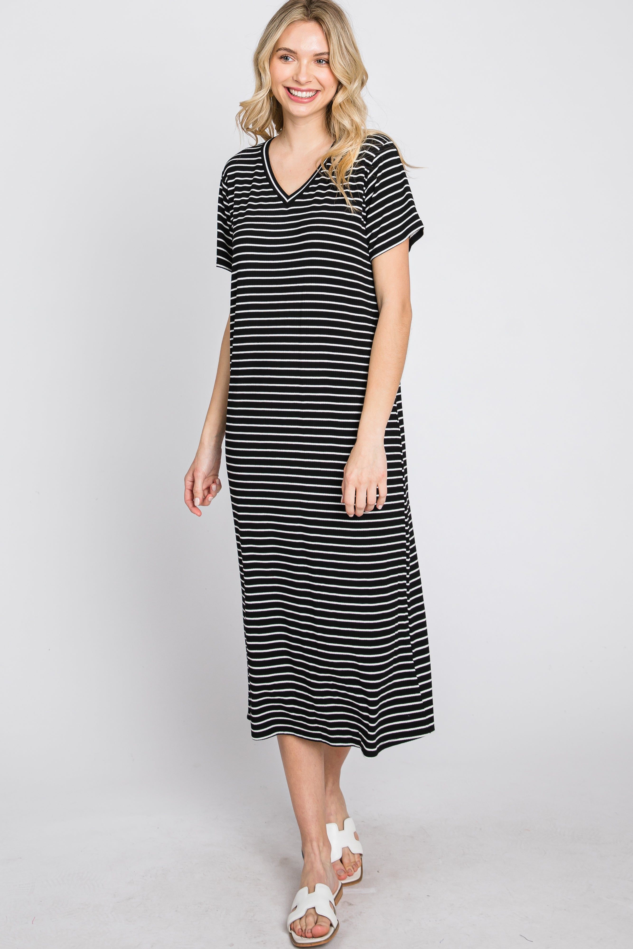 Black Striped Ribbed Maternity Midi Dress sold by Pinkblush product image thumbnail 4