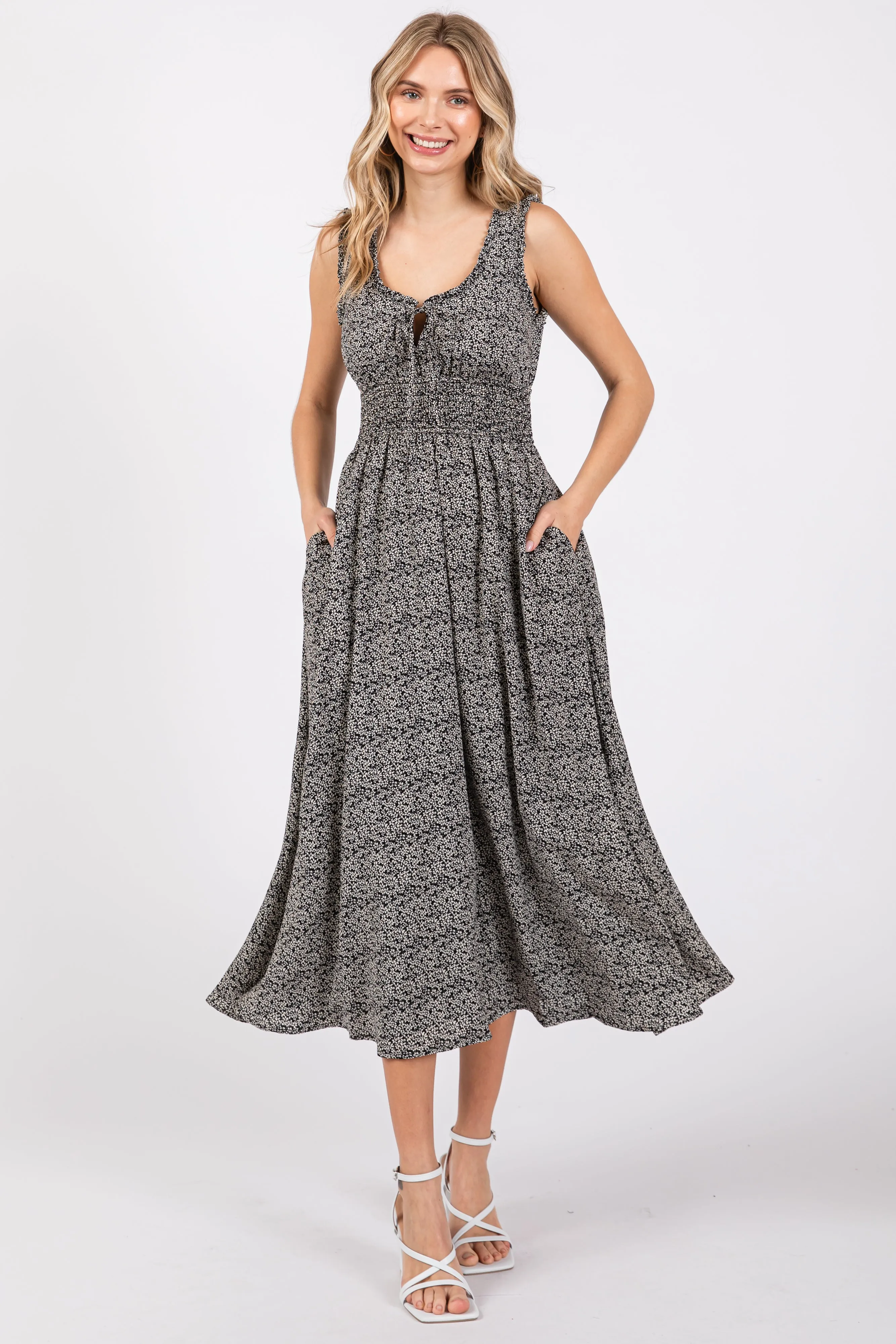 Black Floral Sleeveless Smocked Waist Maternity Midi Dress sold by Pinkblush product image thumbnail 5