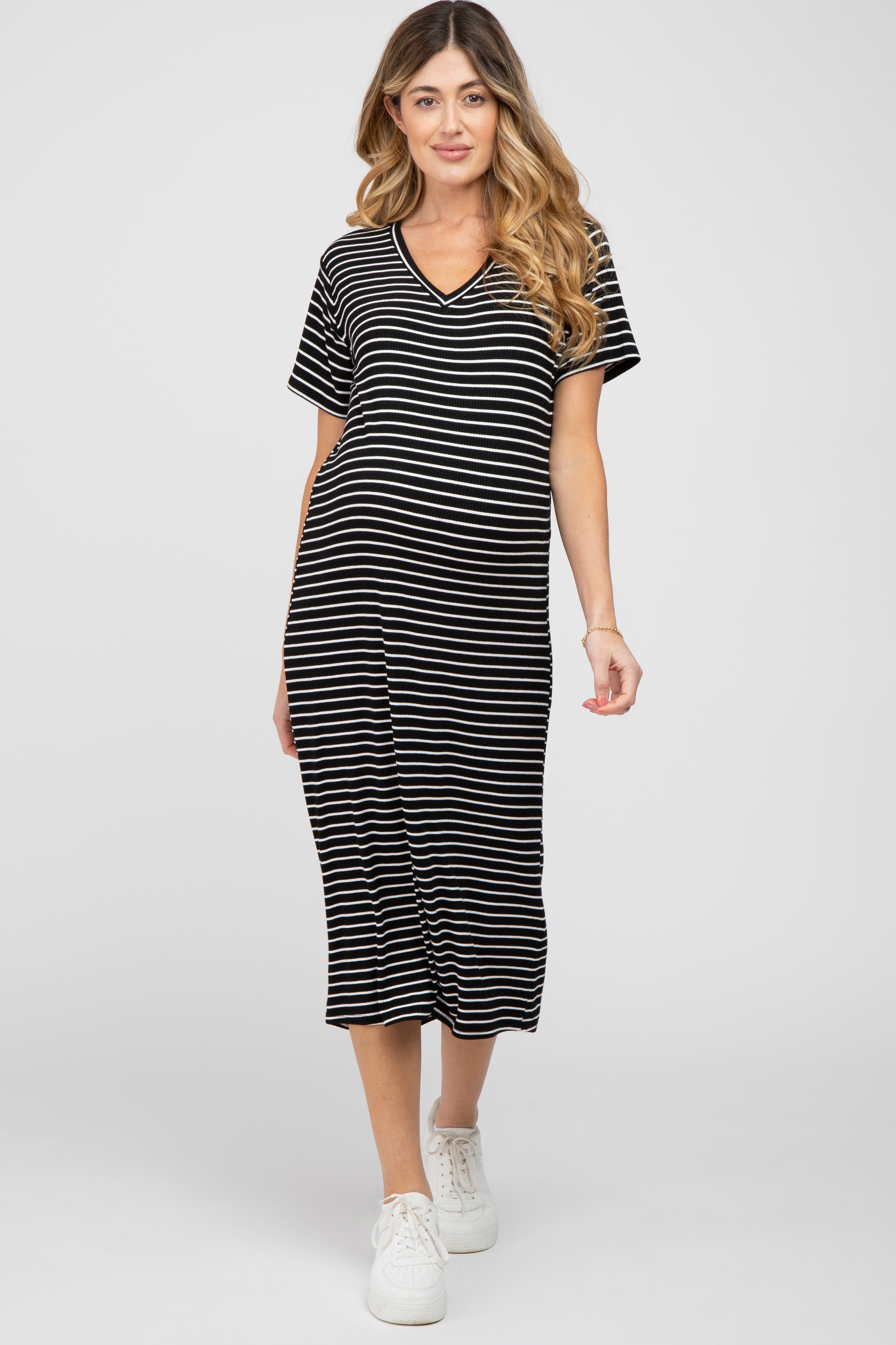 Black Striped Ribbed Maternity Midi Dress sold by Pinkblush