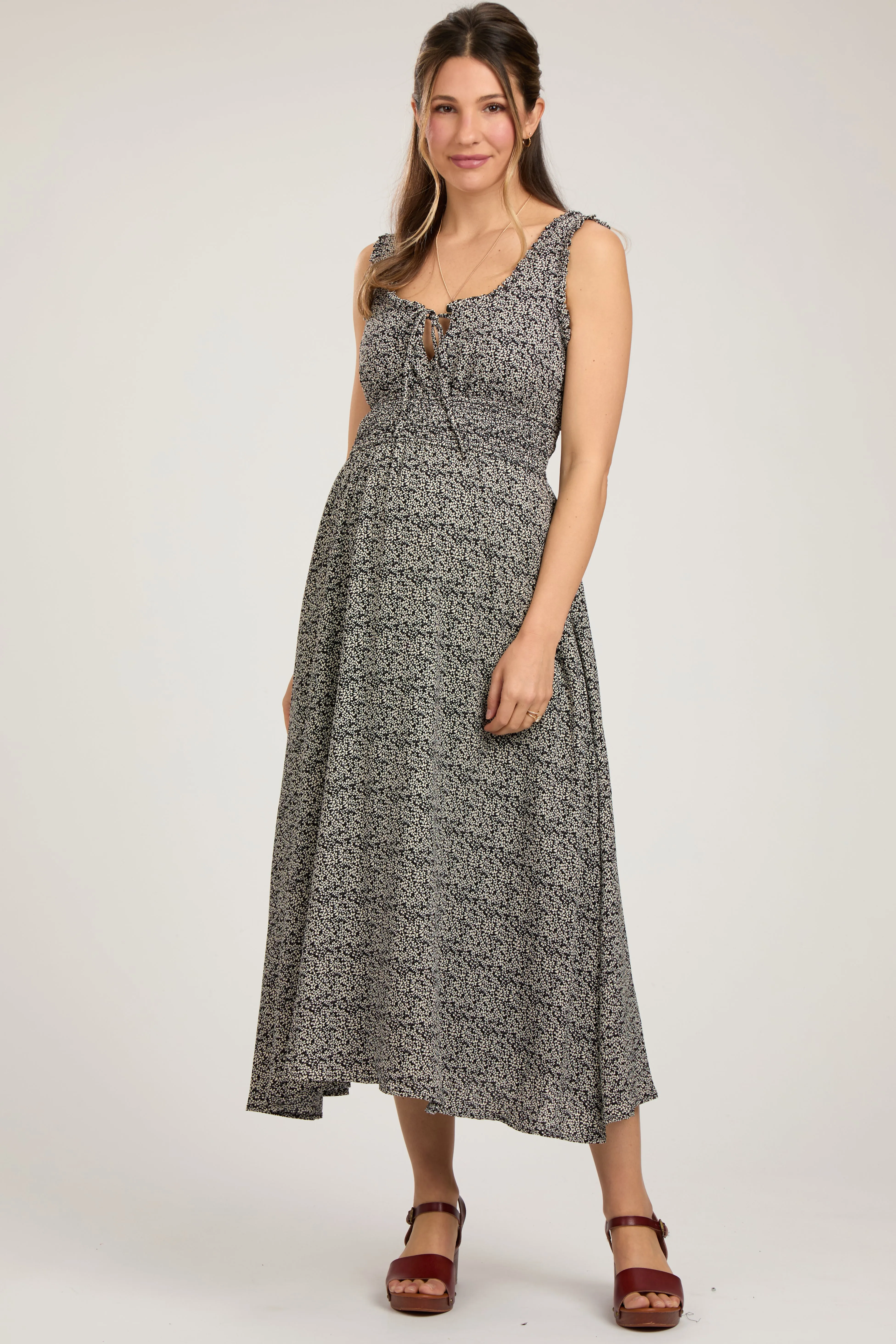 Black Floral Sleeveless Smocked Waist Maternity Midi Dress sold by Pinkblush product image thumbnail 2