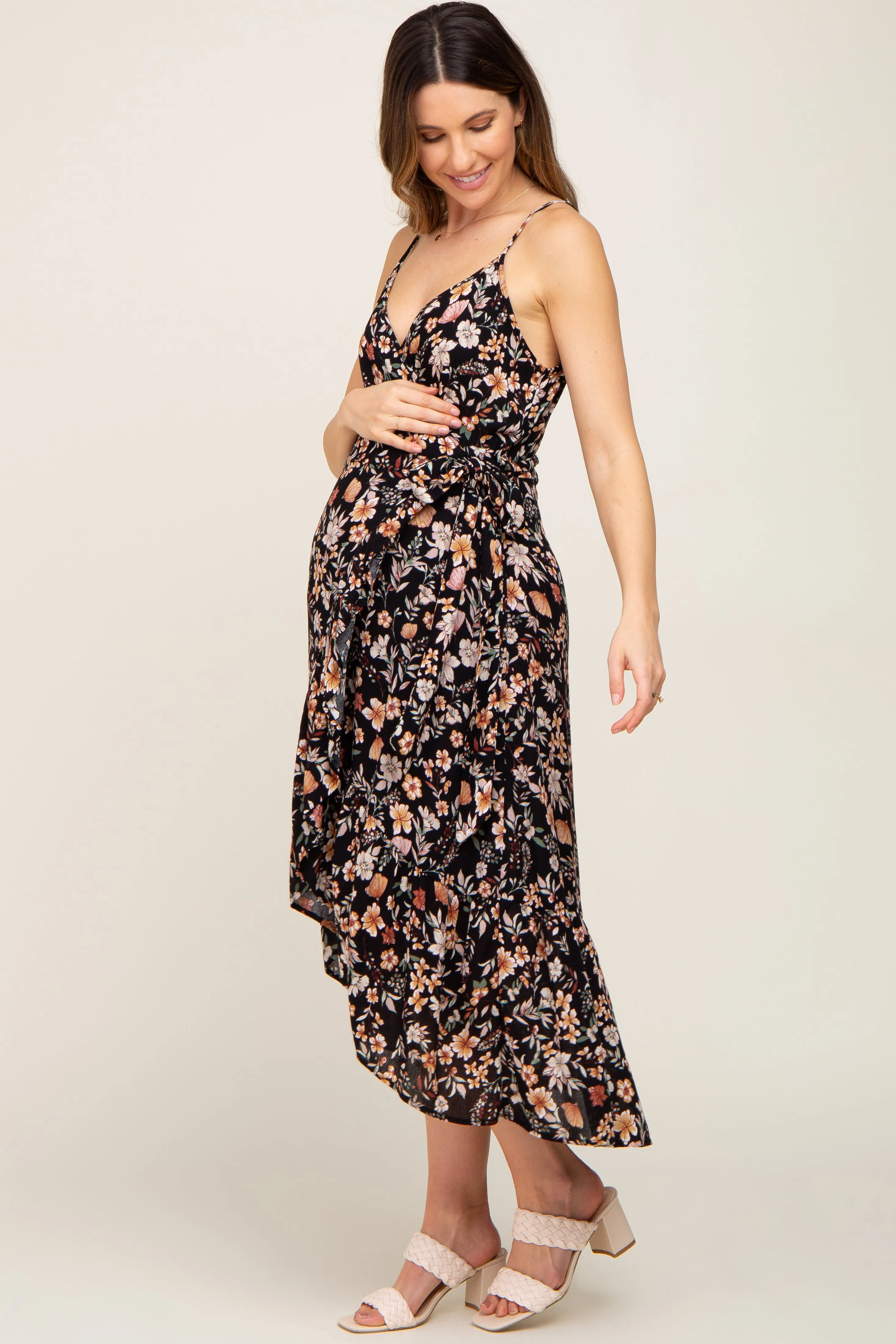 Black Floral Sleeveless Maternity Midi Wrap Dress sold by Pinkblush product image thumbnail 2