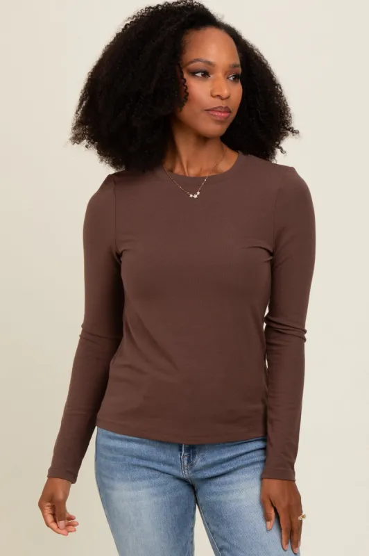 Brown Basic Fitted Long Sleeve Top sold by Pinkblush
