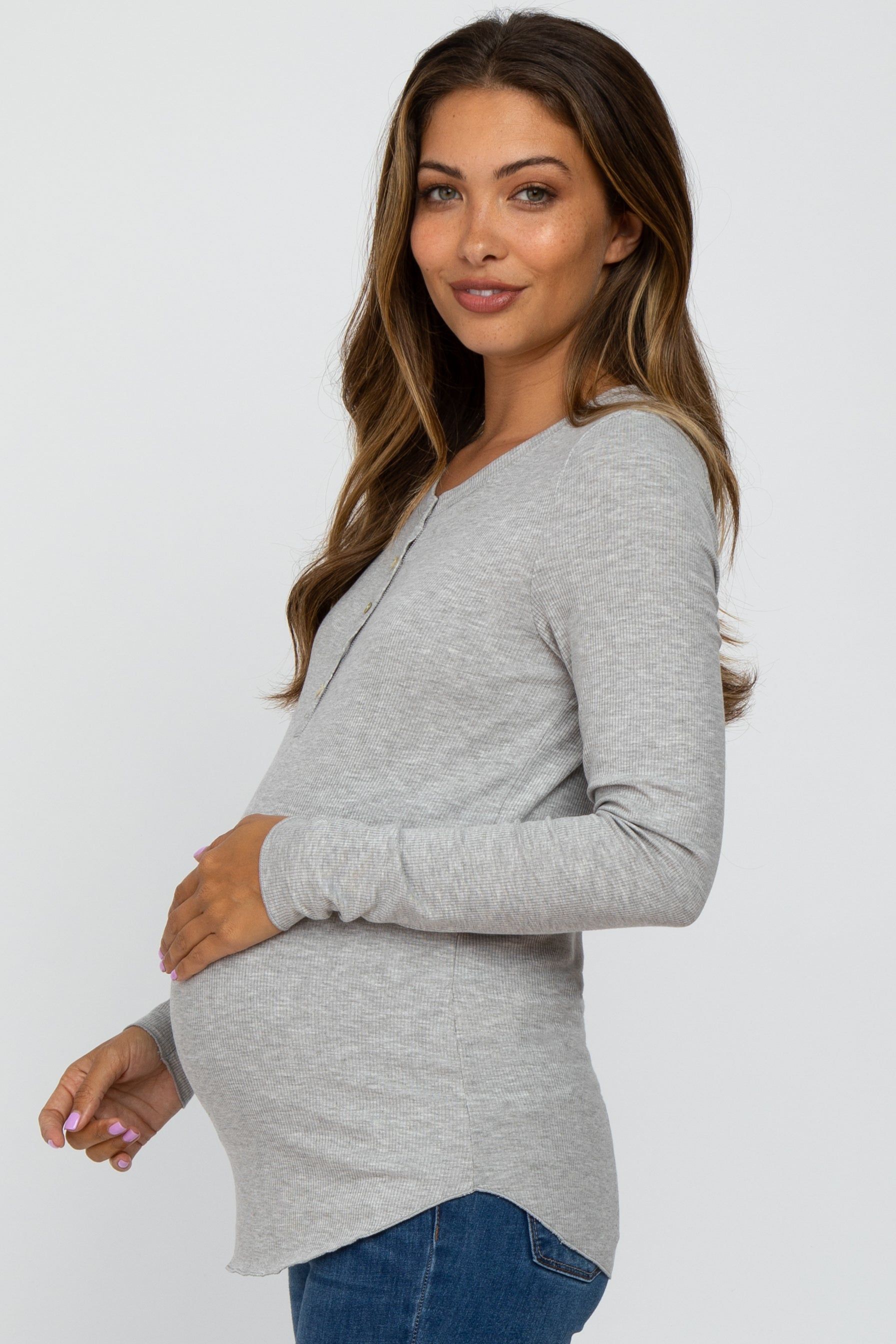 Heather Grey Ribbed Button Front Long Sleeve Maternity Top sold by Pinkblush product image thumbnail 2