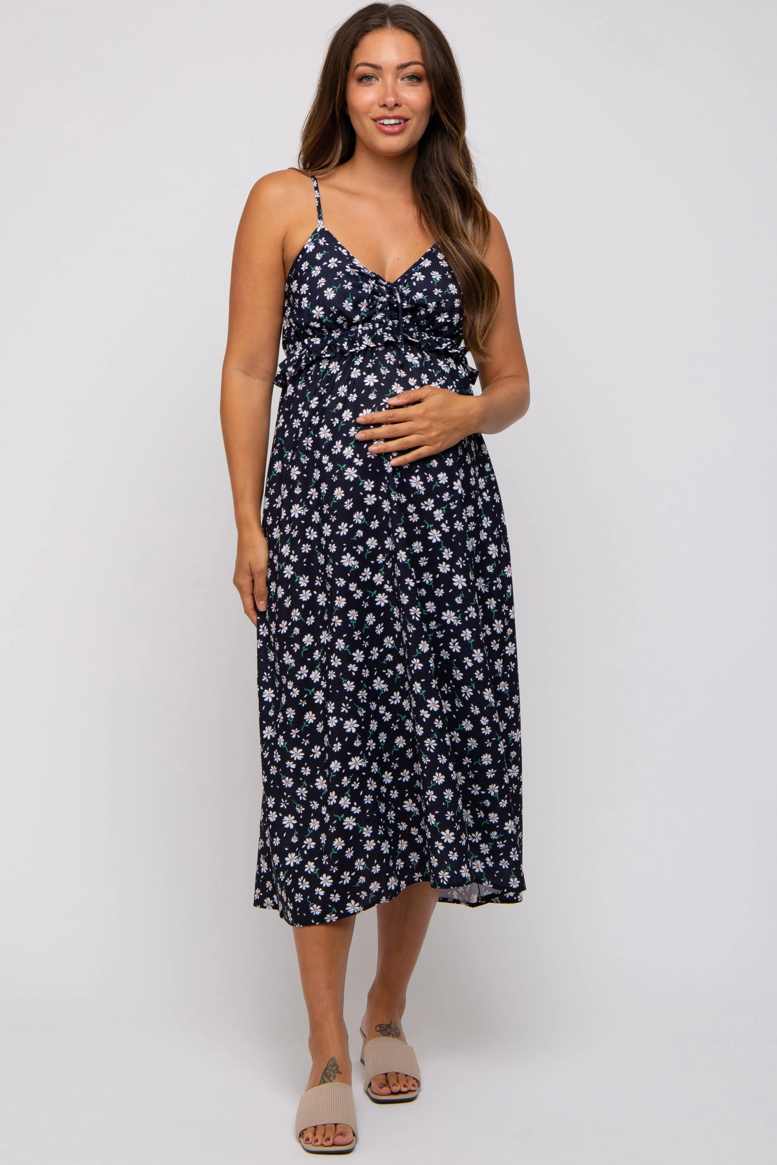 Black Floral Ruffle Accent Maternity Midi Dress sold by Pinkblush