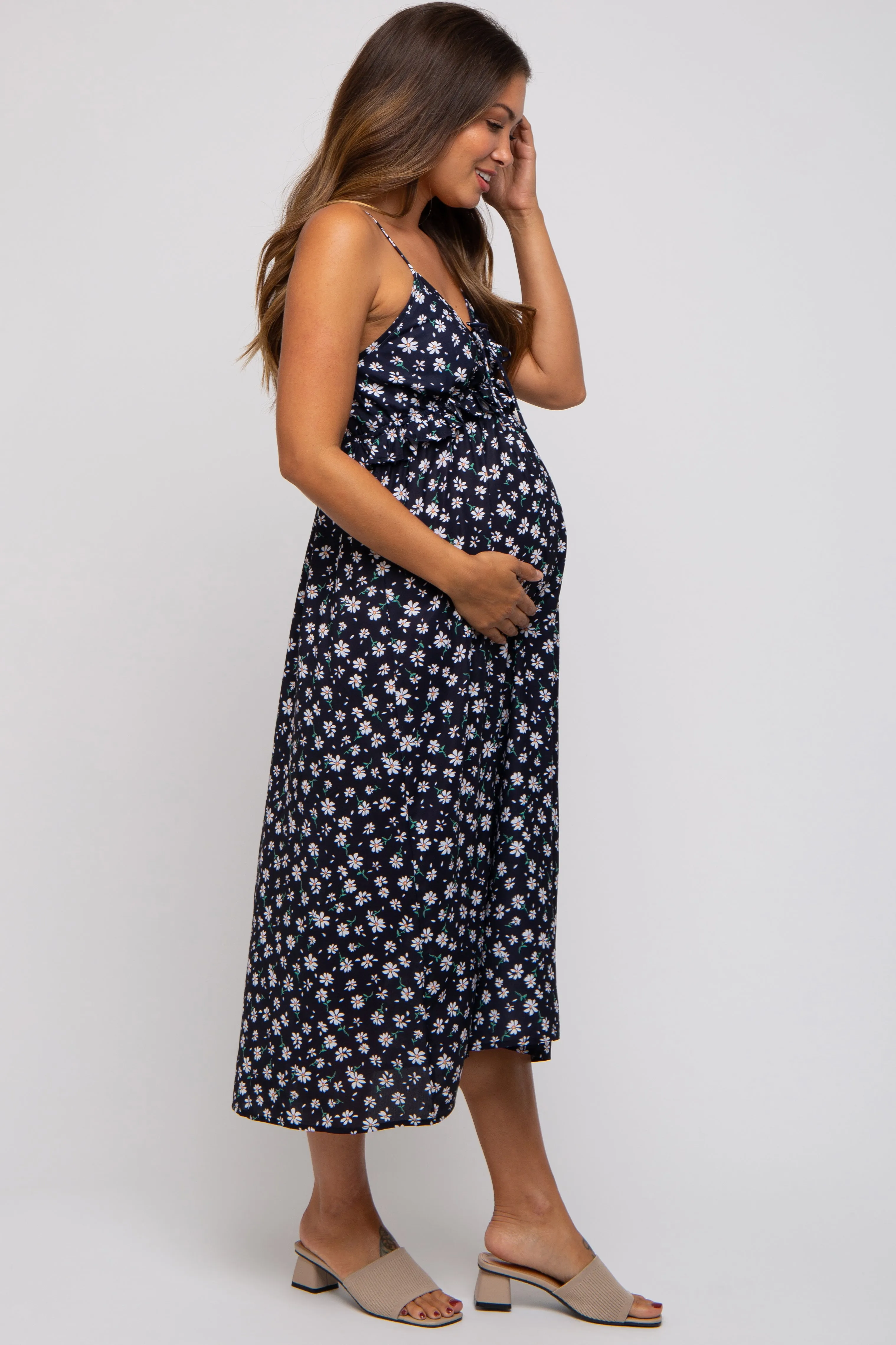 Black Floral Ruffle Accent Maternity Midi Dress sold by Pinkblush product image thumbnail 2