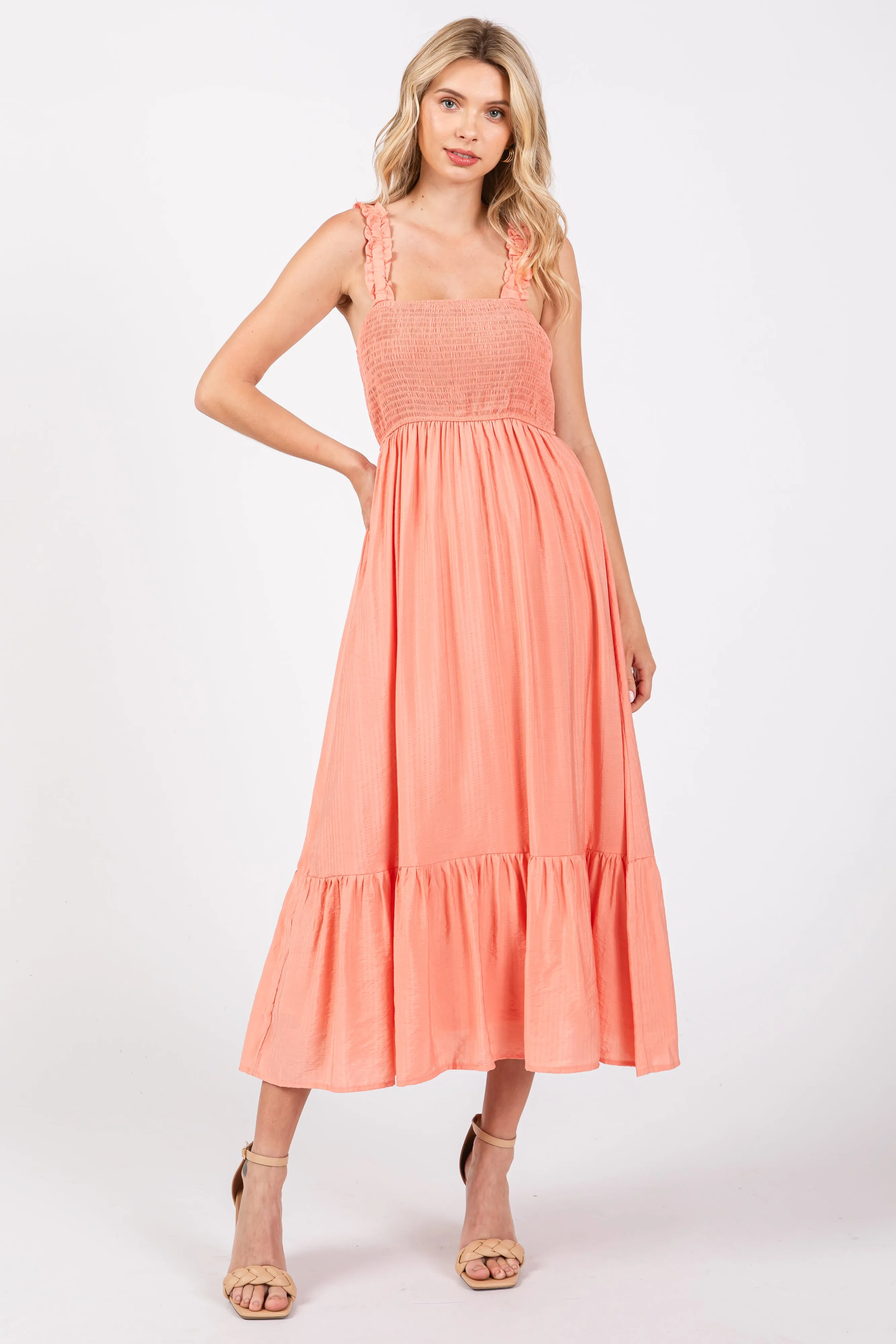 Coral Smocked Bodice Maxi Dress sold by Pinkblush