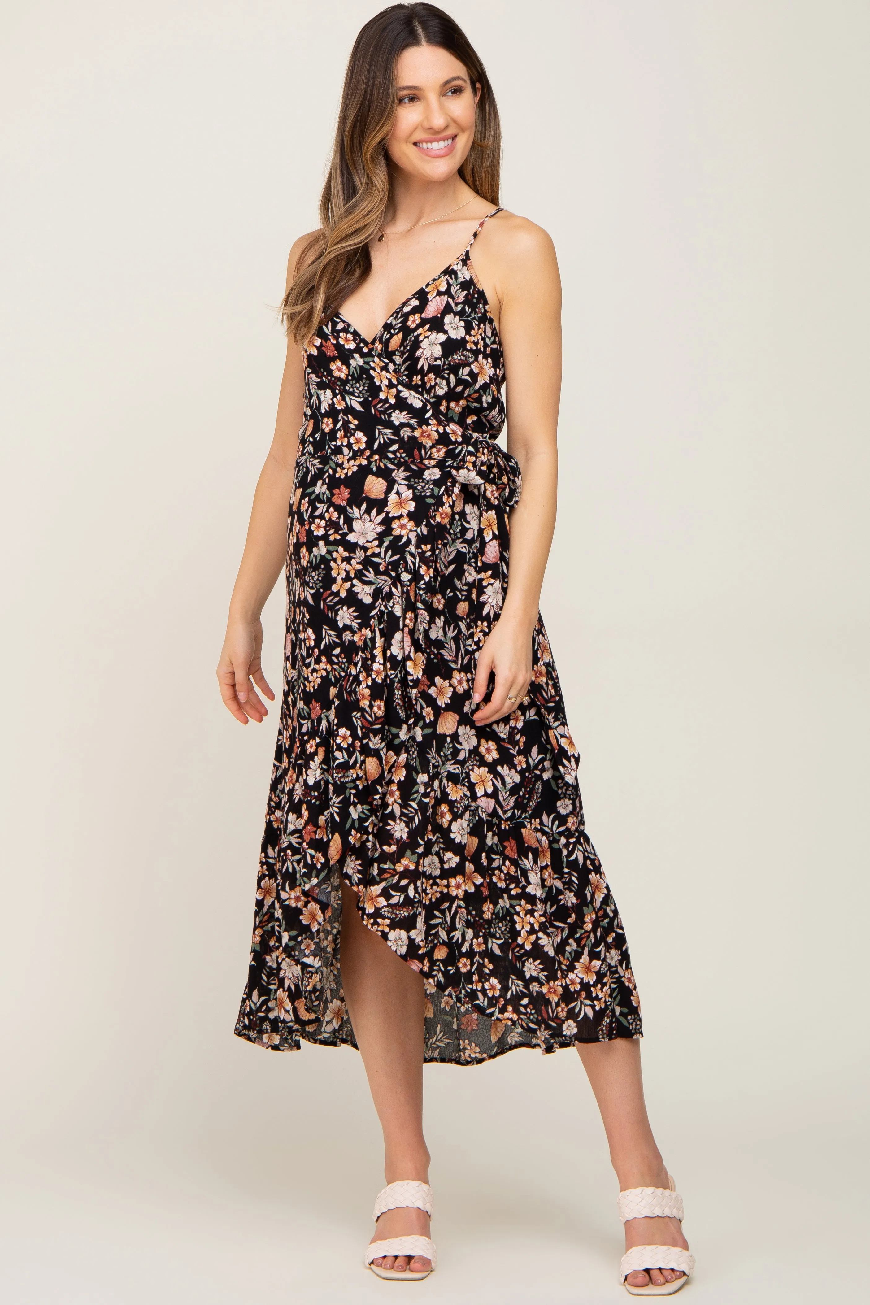 Black Floral Sleeveless Maternity Midi Wrap Dress sold by Pinkblush product image thumbnail 4