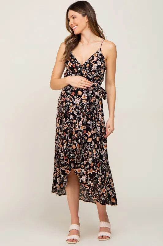 Black Floral Sleeveless Maternity Midi Wrap Dress sold by Pinkblush