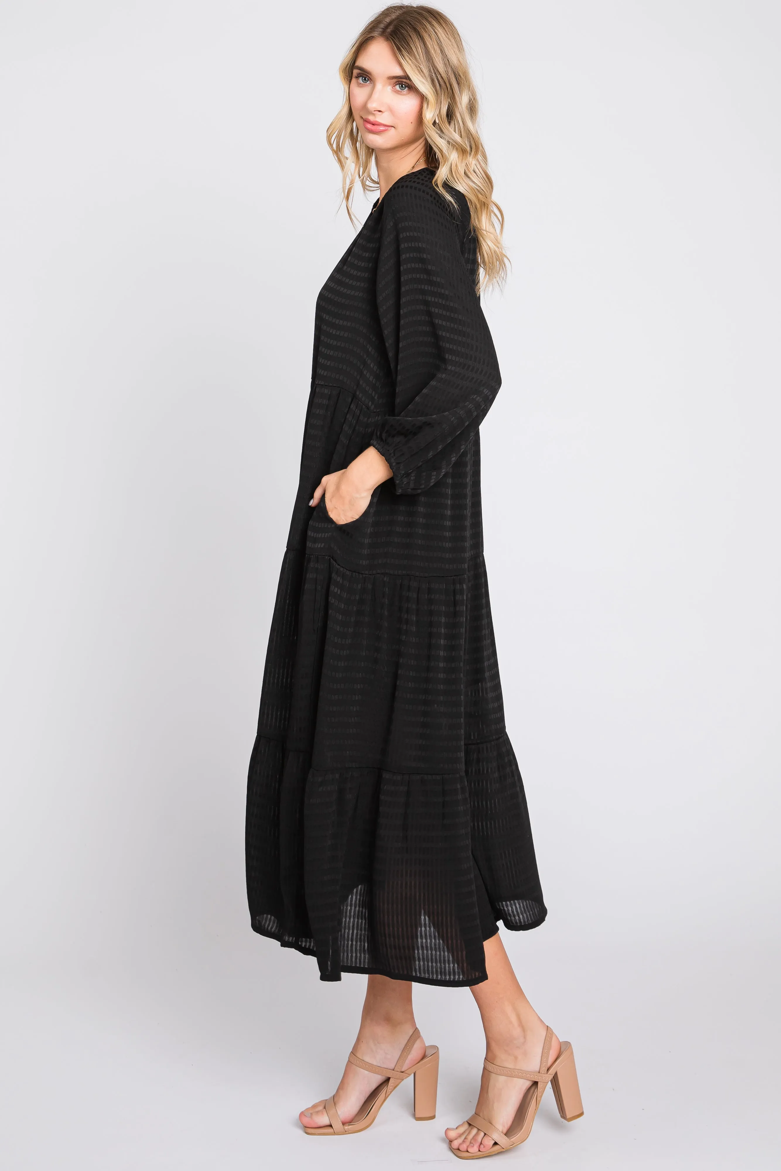 Black Textured Tiered Maternity Midi Dress sold by Pinkblush product image thumbnail 2