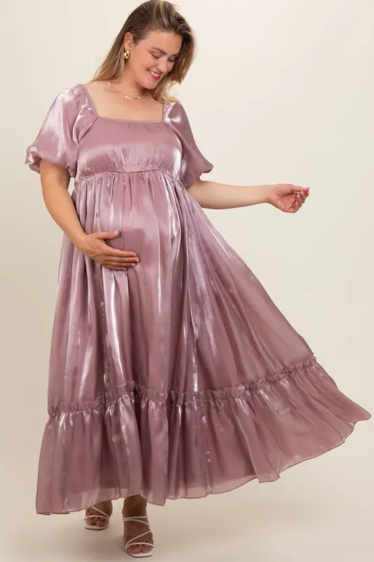 Mauve Puff Sleeve Ruffle Hem Plus Maternity Maxi Dress sold by Pinkblush