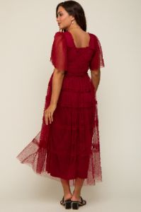 Burgundy Ruffled Mesh Maternity Maxi Dress sold by Pinkblush