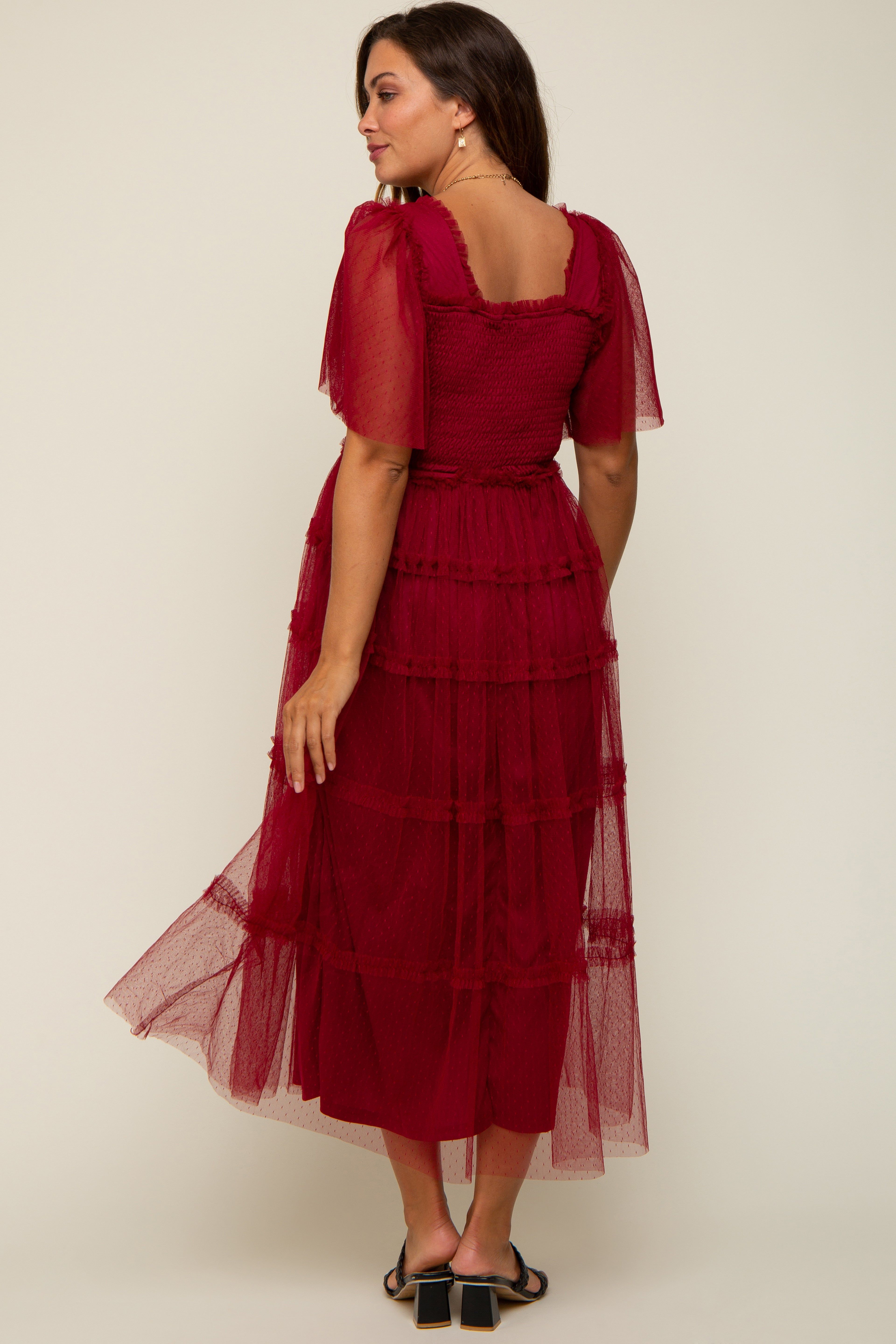 Burgundy Ruffled Mesh Maternity Maxi Dress sold by Pinkblush product image thumbnail 3