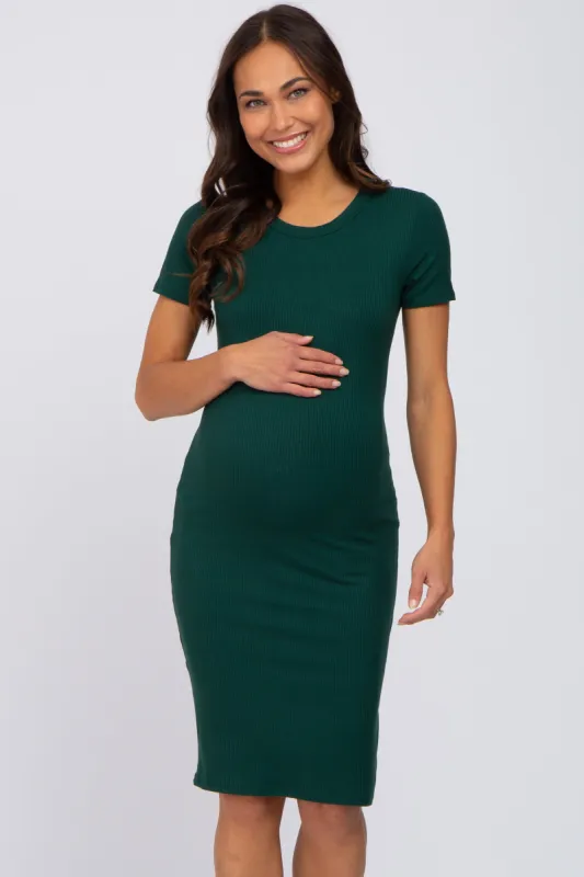 Hunter Green Ribbed Fitted Maternity Dress sold by Pinkblush