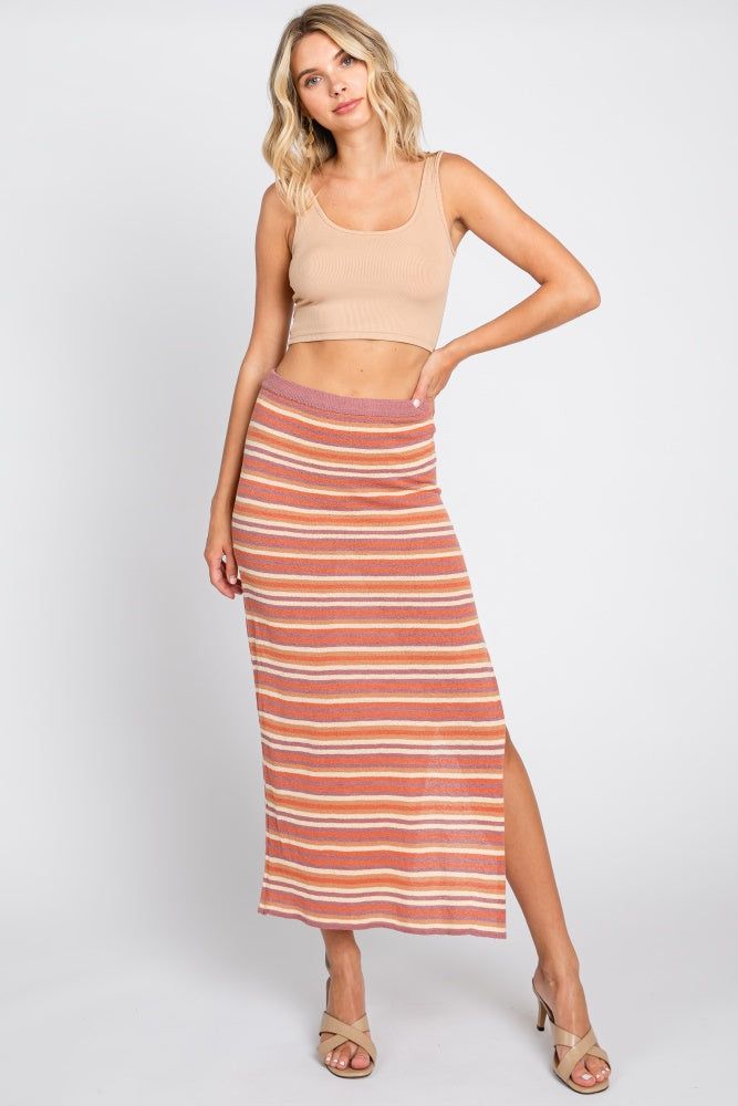 Mauve Striped Knit Side Slit Midi Skirt sold by Pinkblush