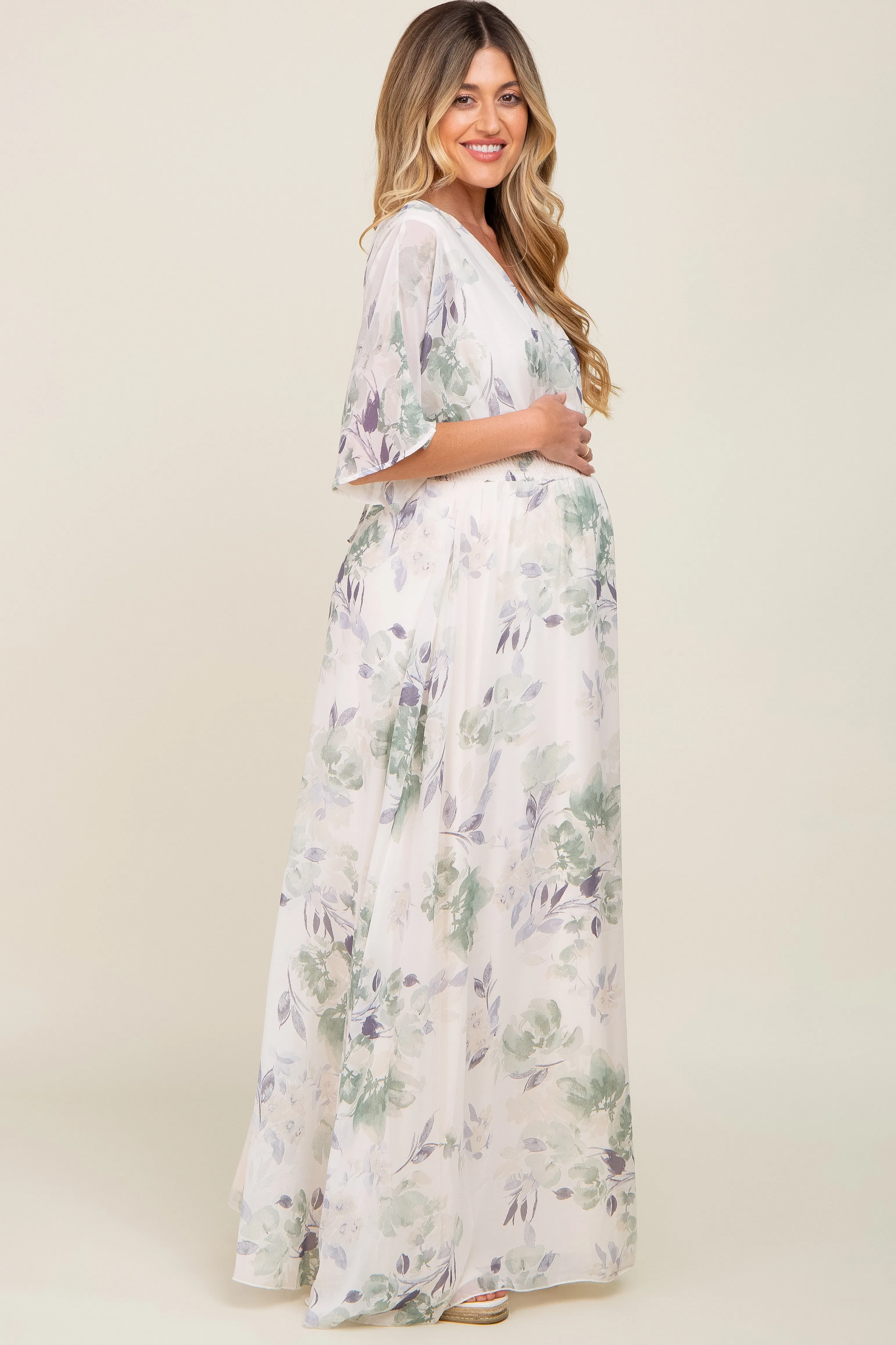 Mint Green Floral Chiffon Double V-Neck Smocked Waist Front Slit Maternity Maxi Dress sold by Pinkblush product image thumbnail 3