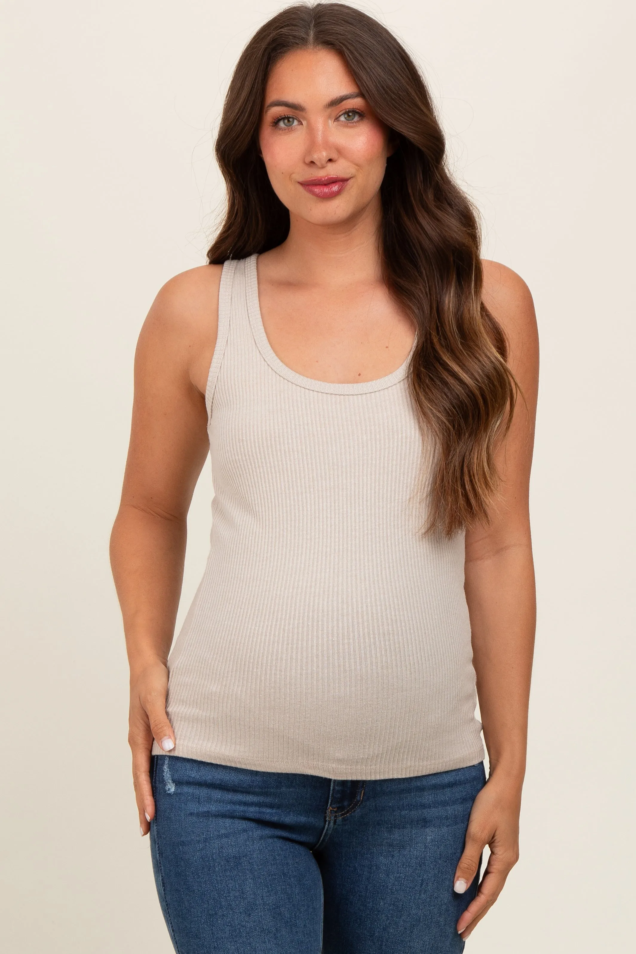 Light Taupe V-Neck Basic Maternity Tank Top sold by Pinkblush product image thumbnail 2