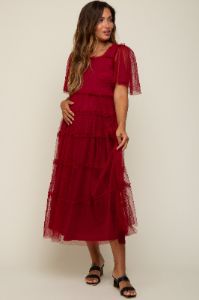 Burgundy Ruffled Mesh Maternity Maxi Dress sold by Pinkblush