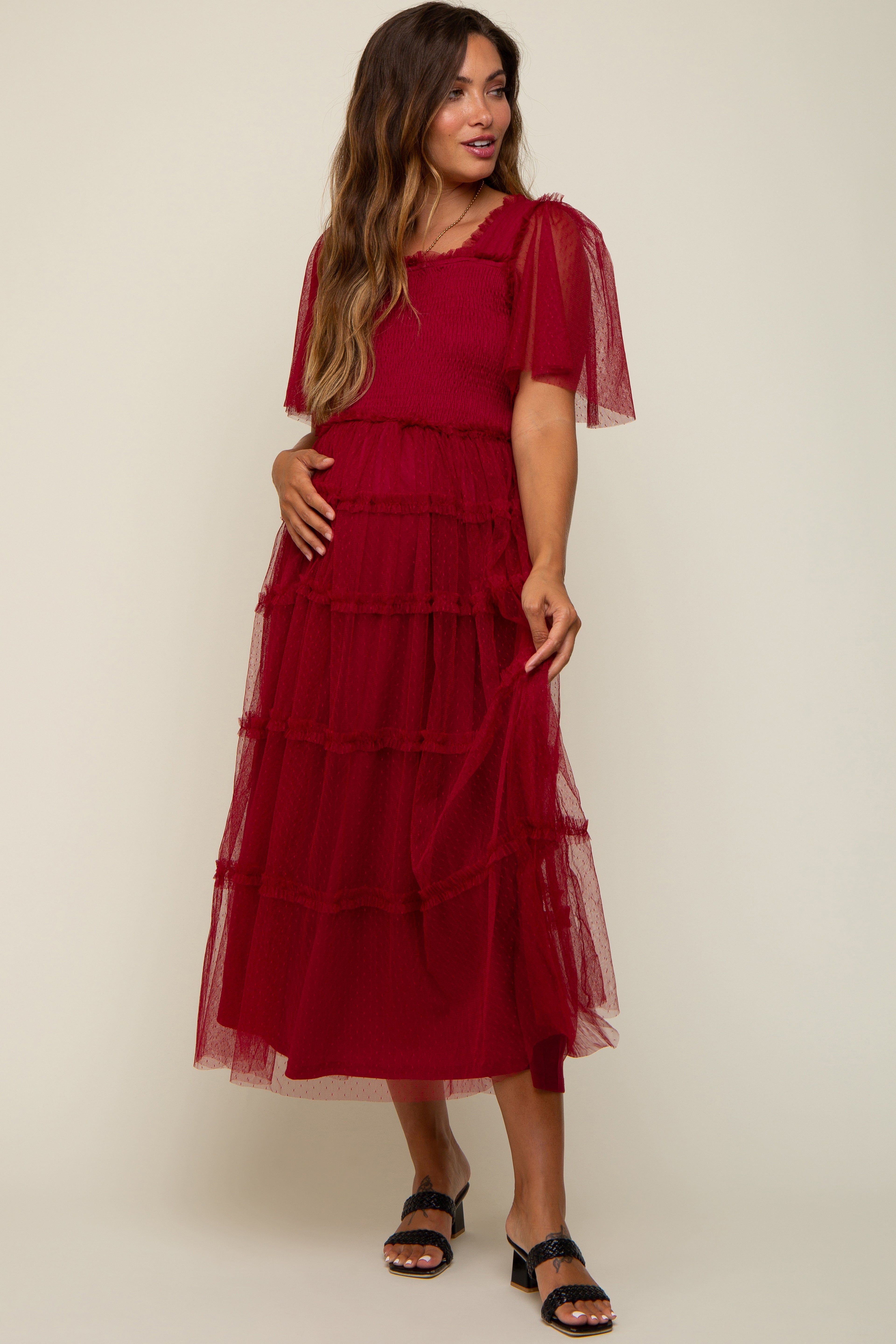 Burgundy Ruffled Mesh Maternity Maxi Dress sold by Pinkblush product image thumbnail 4