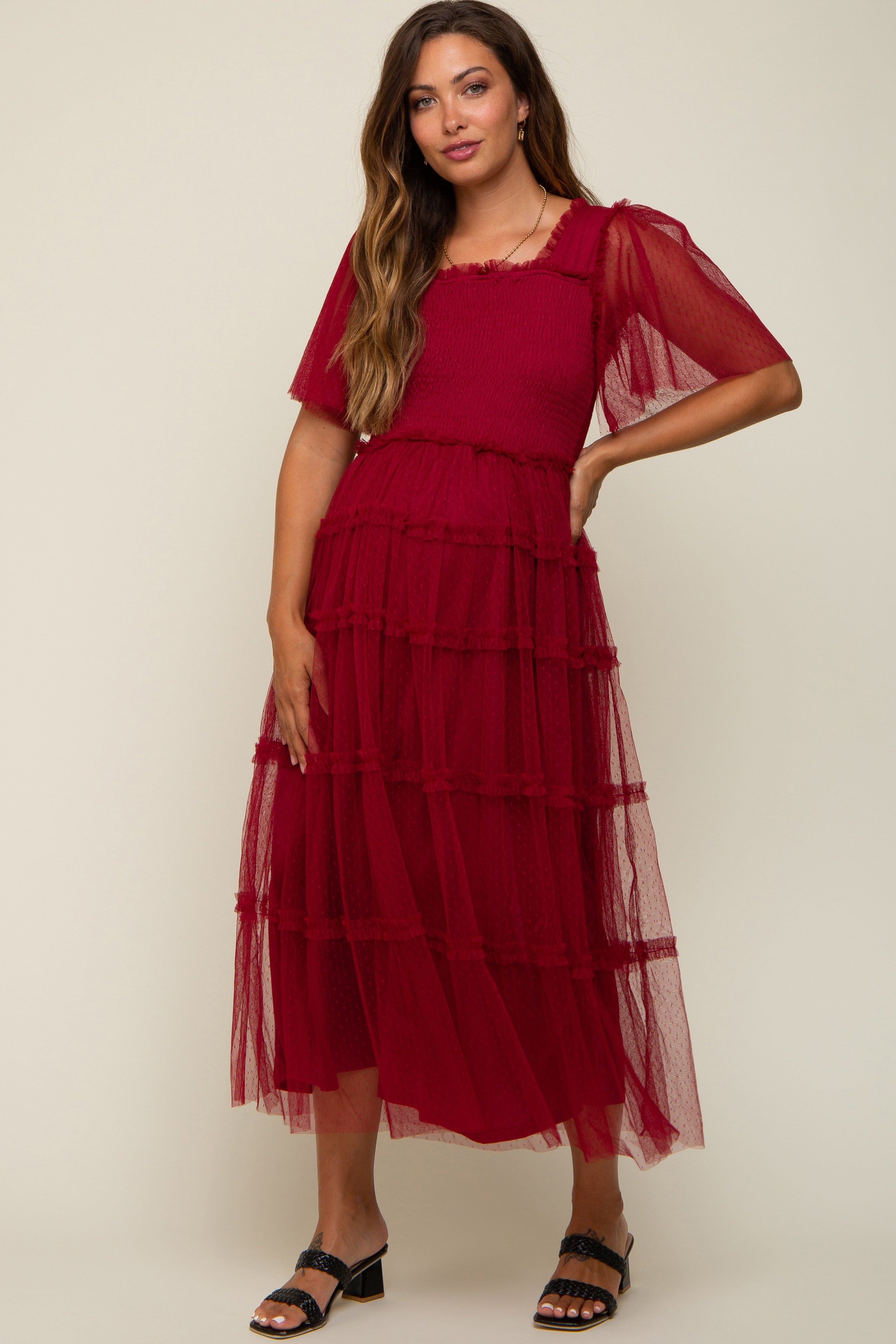 Burgundy Ruffled Mesh Maternity Maxi Dress sold by Pinkblush