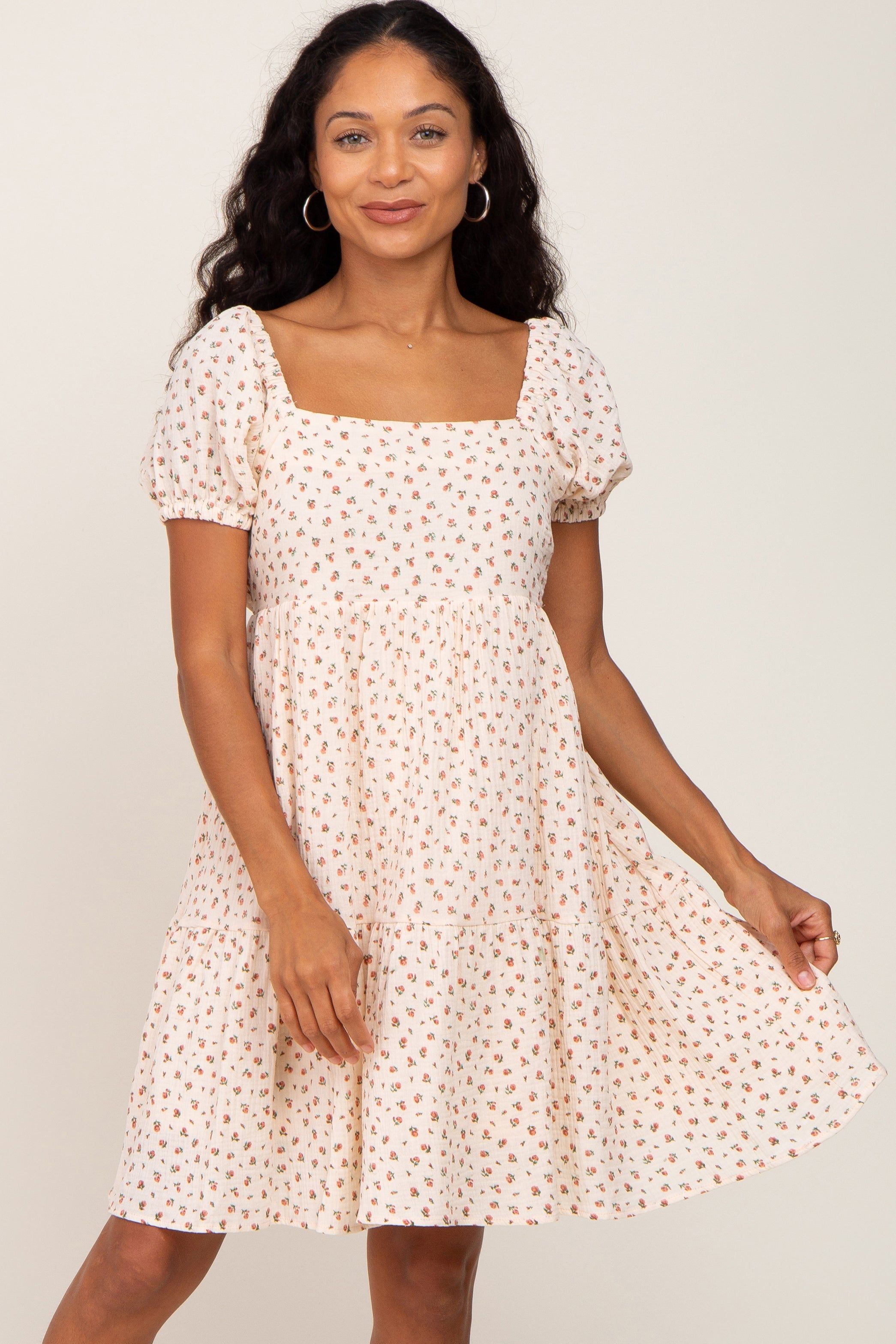 Cream Floral Puff Sleeve Dress sold by Pinkblush